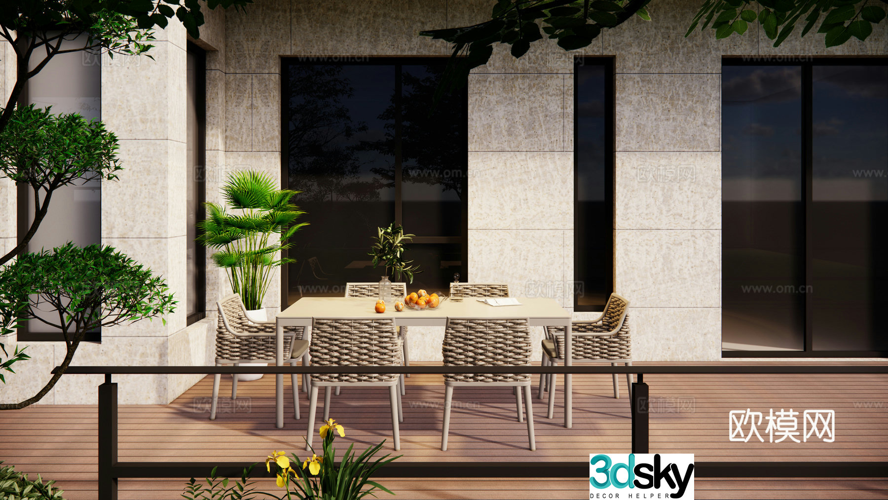 Modern outdoor courtyard garden Self-built house villa landscape Metal long dining table and chairs Water system Mountain and stone 3D model