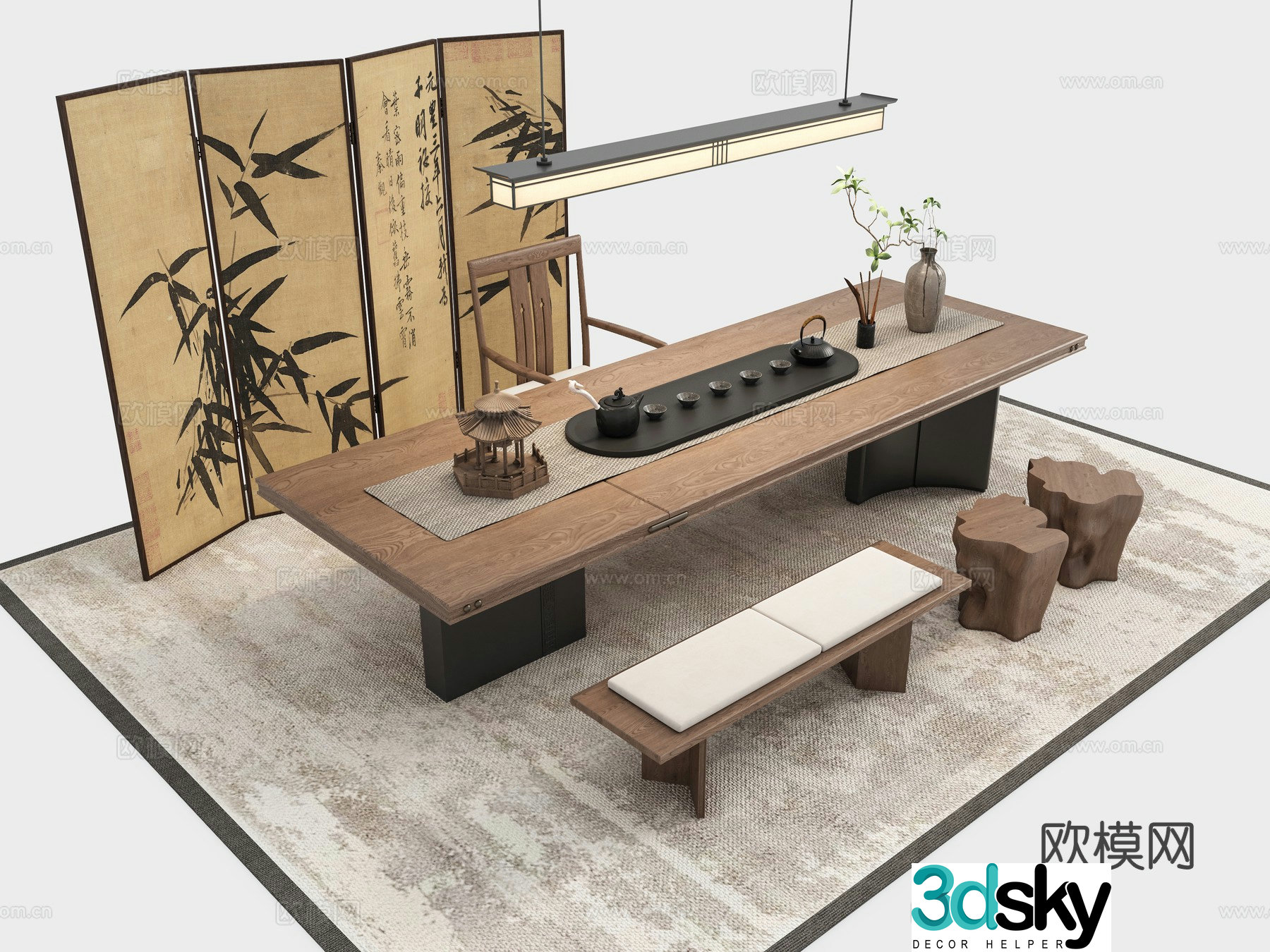 Zen New Chinese Tea Room Tea Table 3D Model