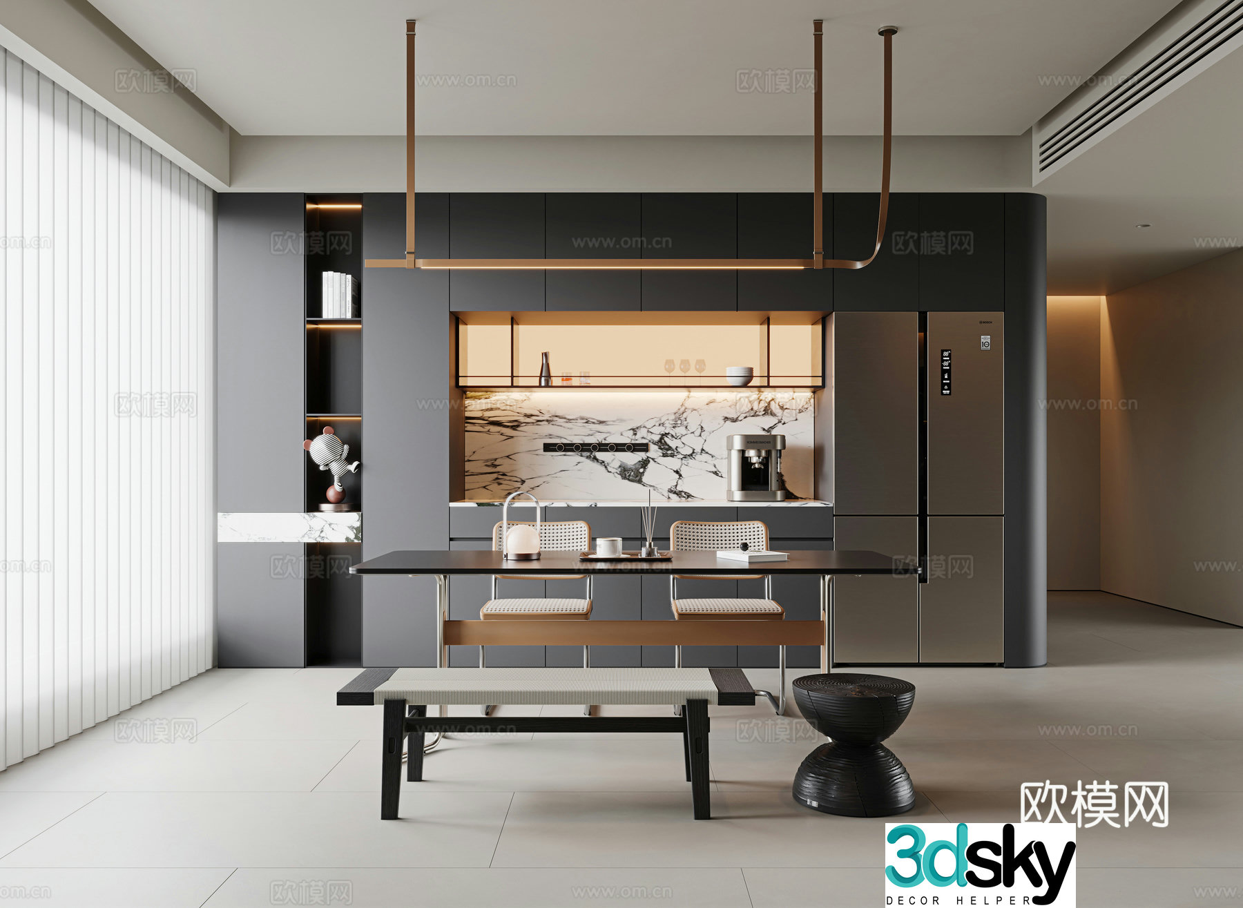 Wasabi Modern Restaurant Dining Table and Chair Combination Long Dining Table Single Chair Metal Dining Chair Sideboard 3D Model