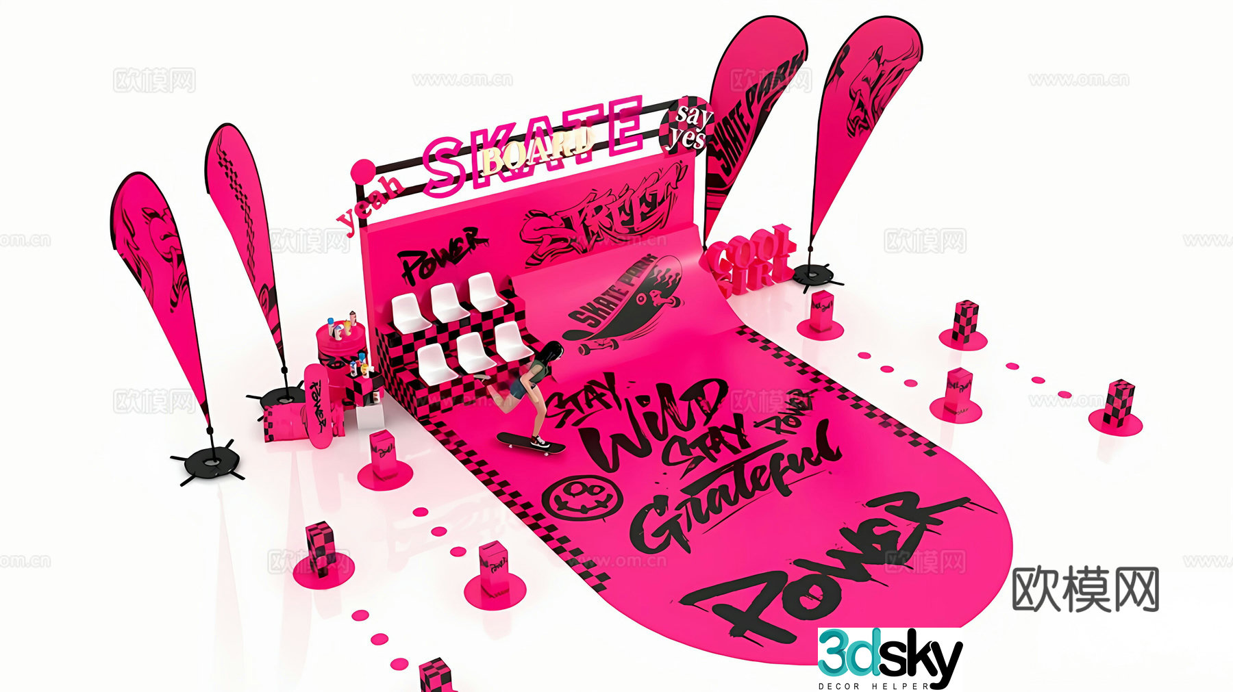 Modern simple and beautiful palace street skateboard theme street graffiti skateboard venue 3d model