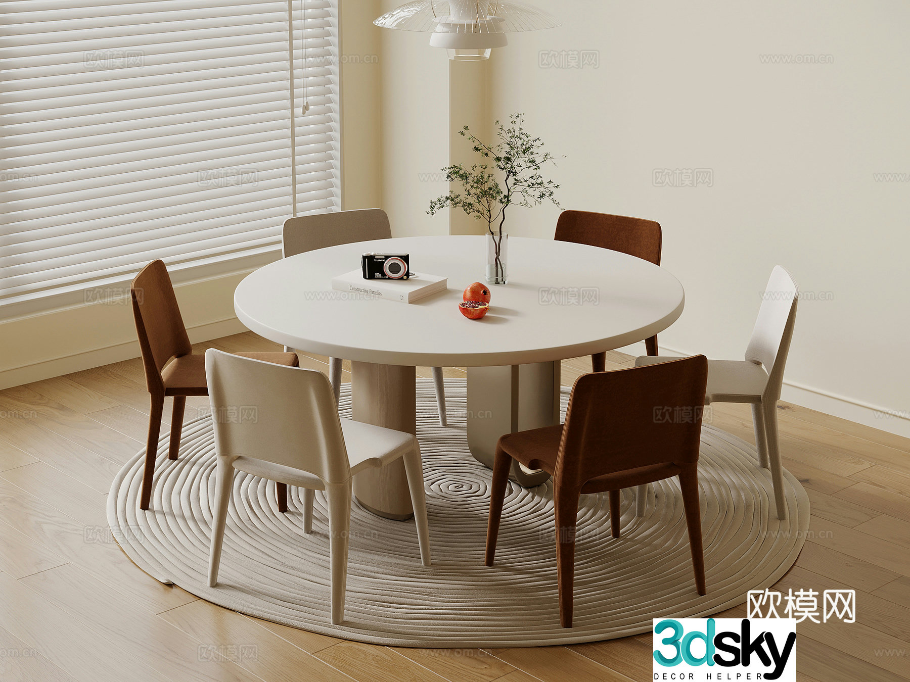 Modern cream style dining table and chairs Round dining table 3d model