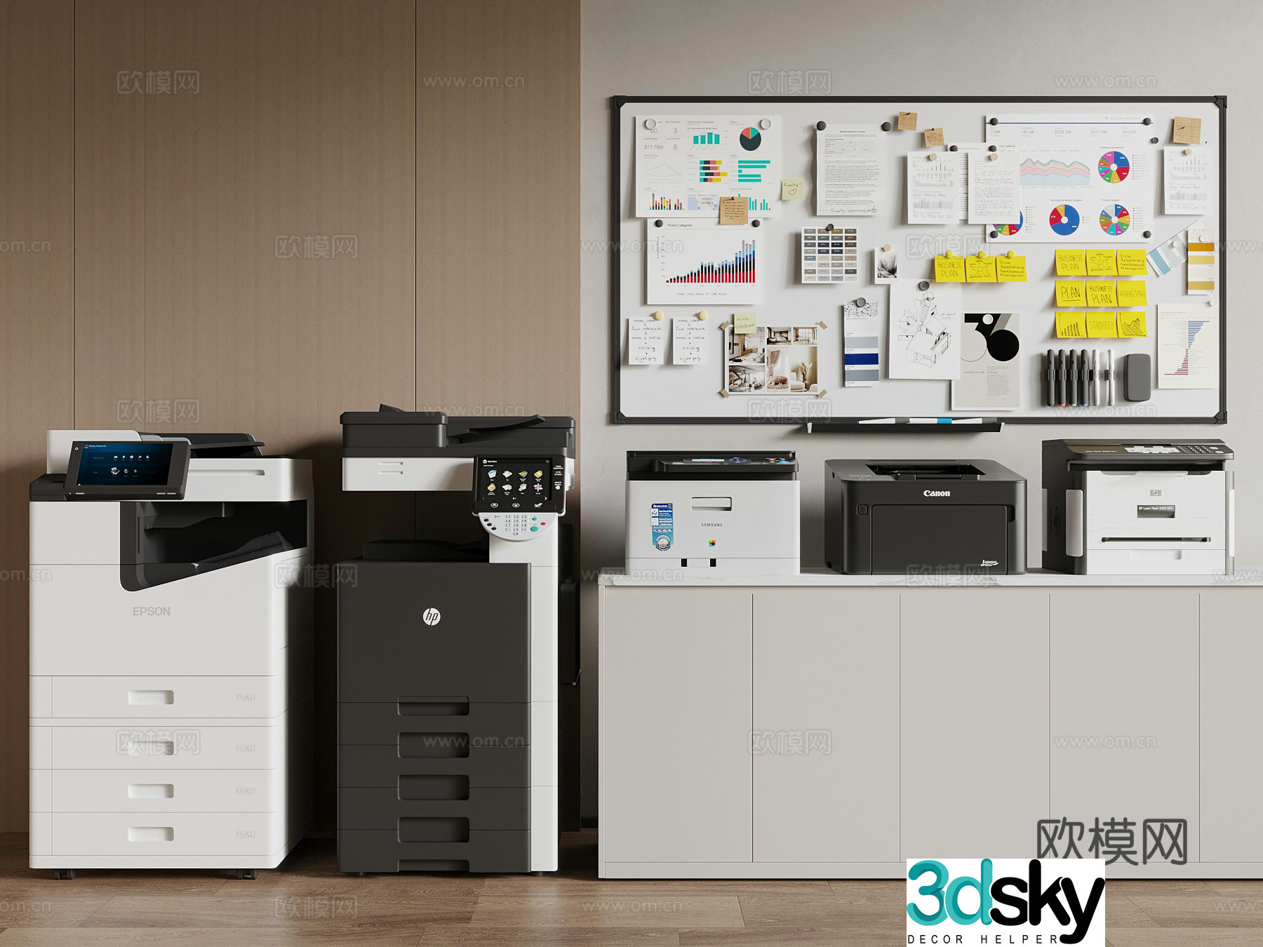 Modern office supplies paper shredder office whiteboard 3d model