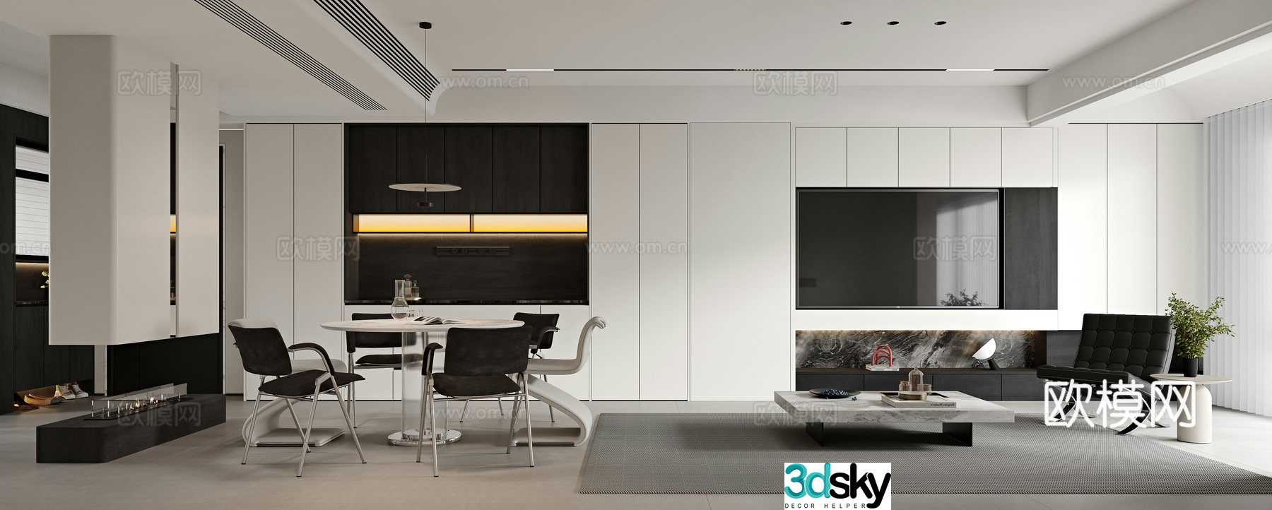 Modern living and dining room 3d model