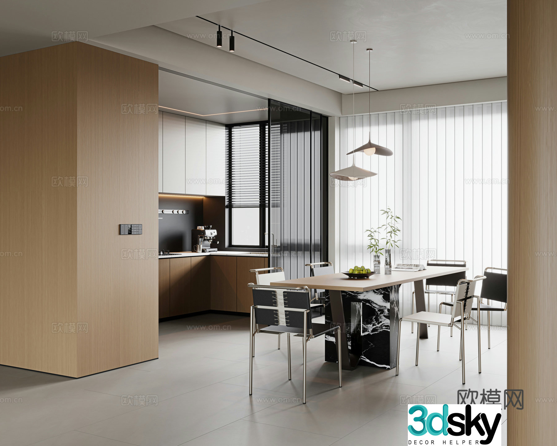 Italian minimalist restaurant dining table and chair combination long dining table single chair metal dining chair closed kitchen 3D model