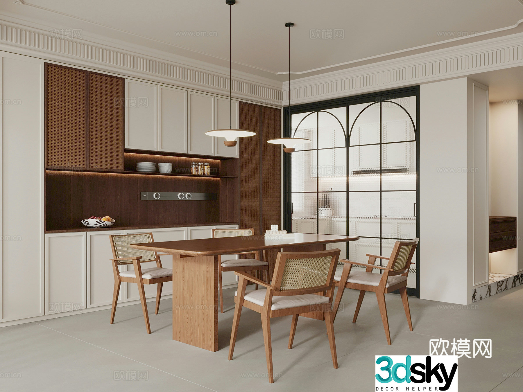 Middle-aged restaurant wine cabinet sideboard dining table and chair combination 3D model