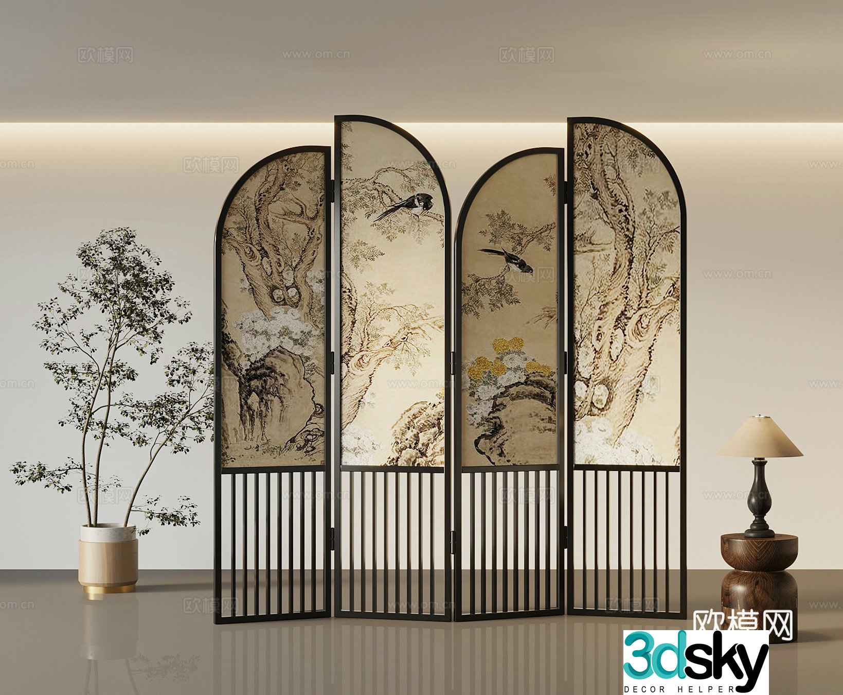 New Chinese-style screen partition Green plant 3D model