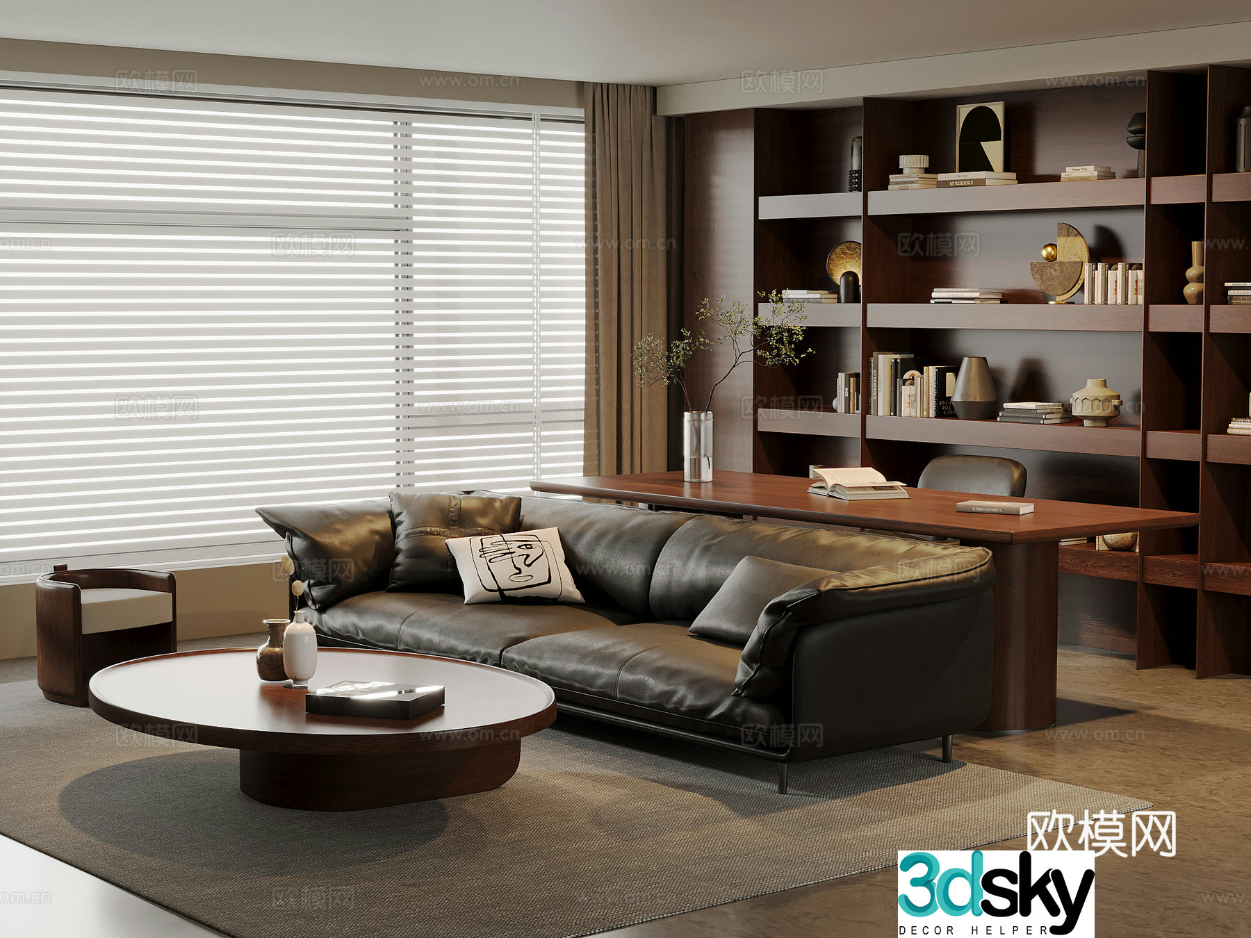 American medieval living room leather sofa and coffee table combination solid wood desk and chair solid wood bookcase 3D model