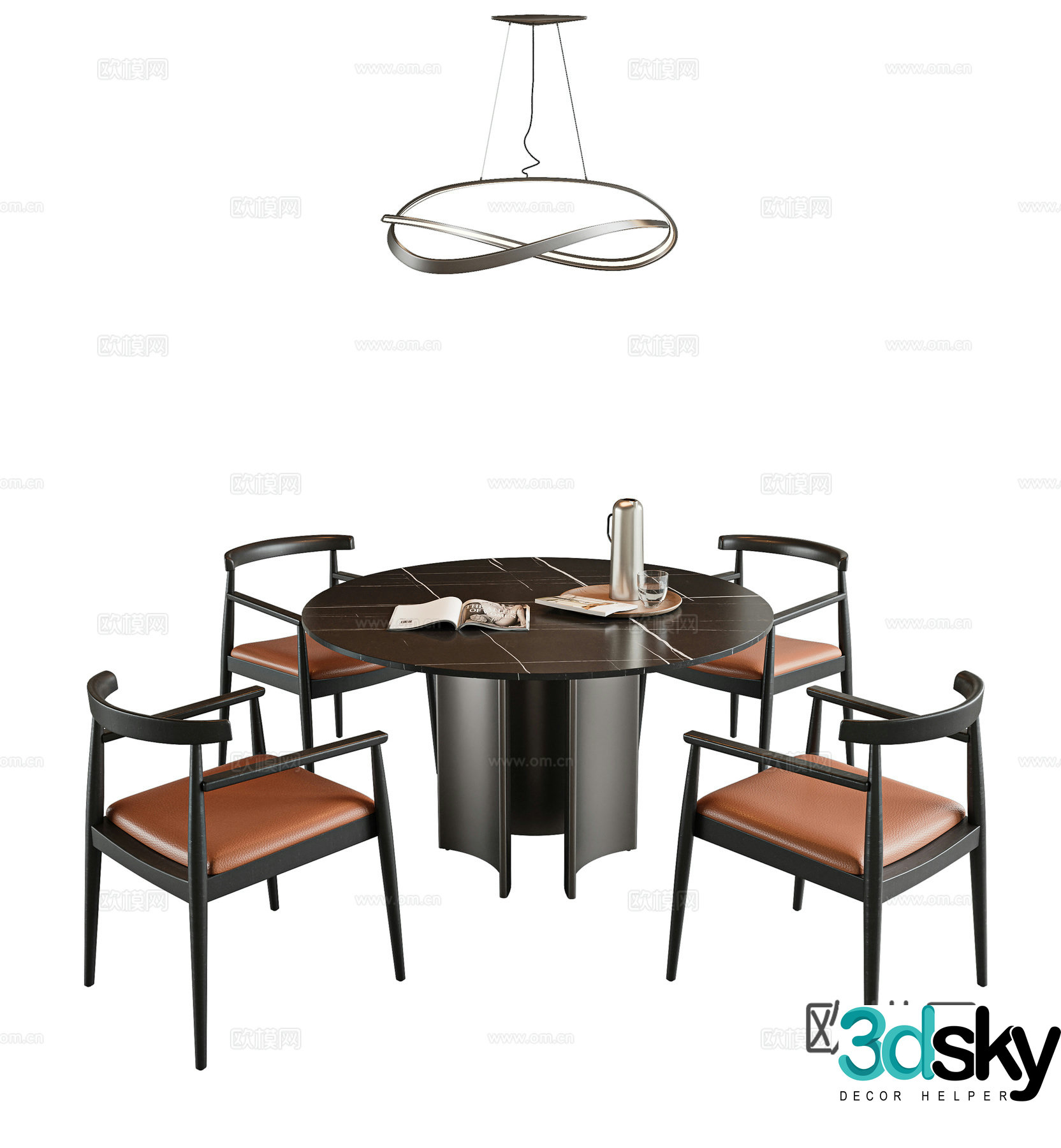 Dining table and chair combination Round dining table Four-person dining table Rock plate dining table Solid wood dining chair Single chair Book 3D model
