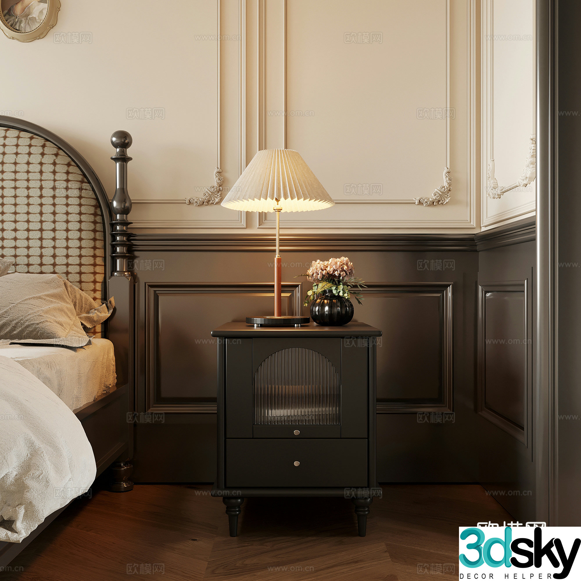 French retro style bedside table lamp flower 3d model