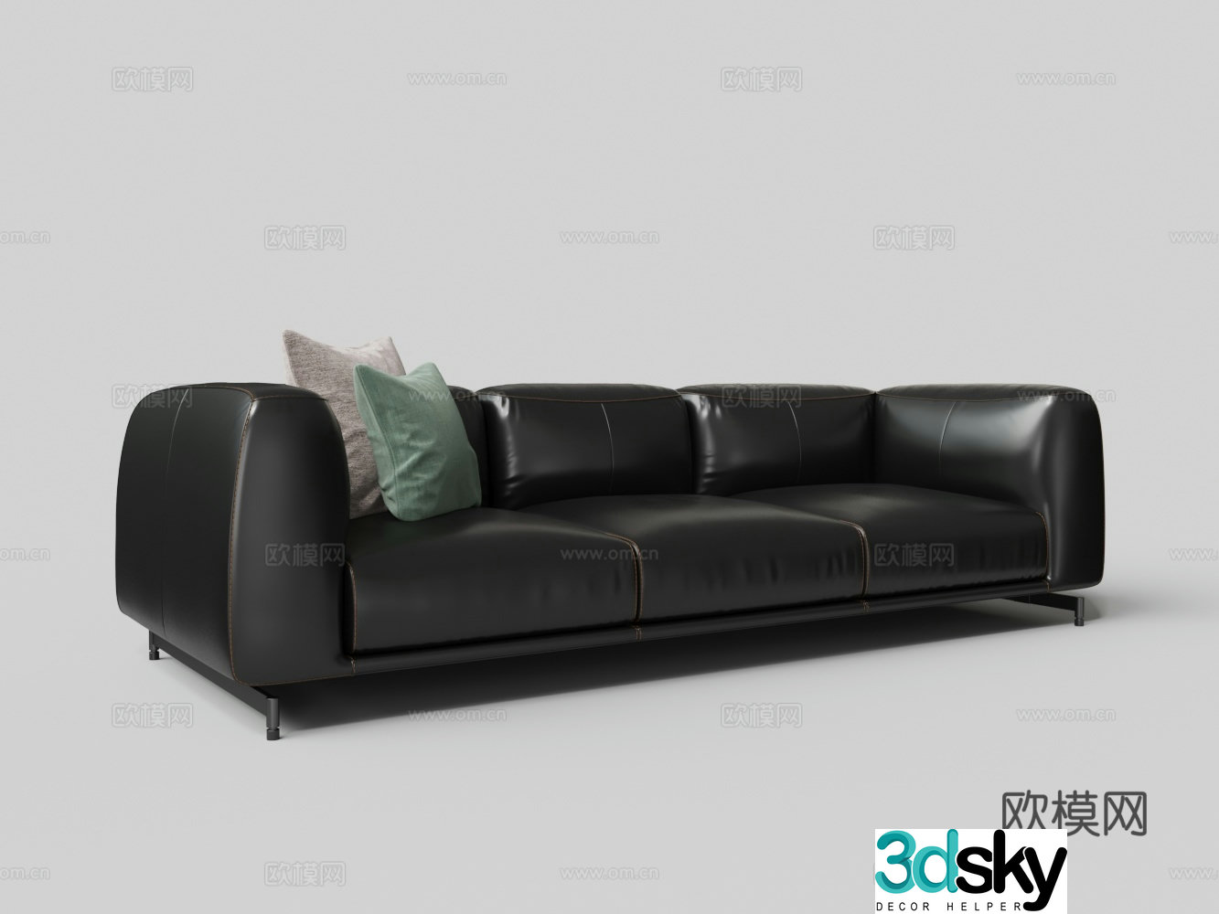 Modern black leather three-person multi-person sofa 3d model