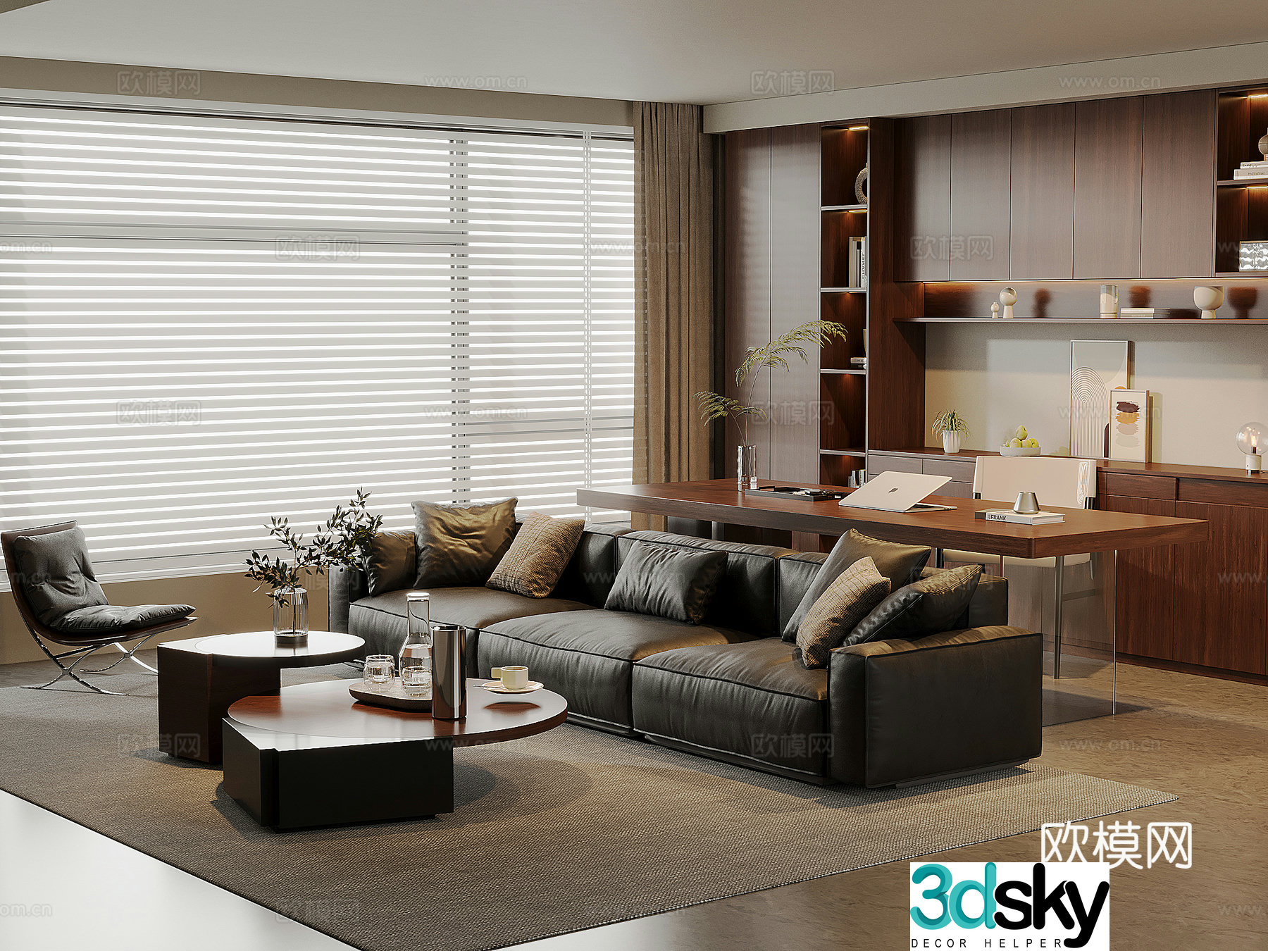 American medieval living room leather sofa and coffee table combination solid wood desk and chair solid wood bookcase 3D model