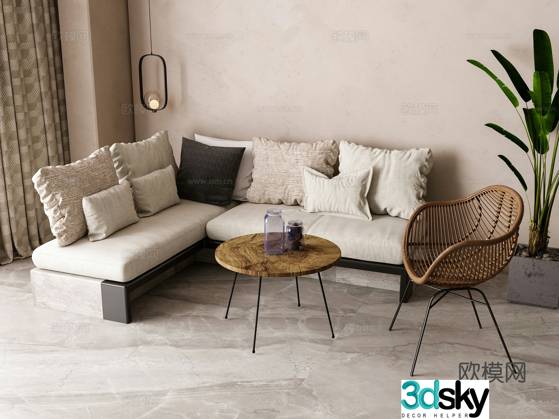 Modern corner sofa coffee table combination 3D model