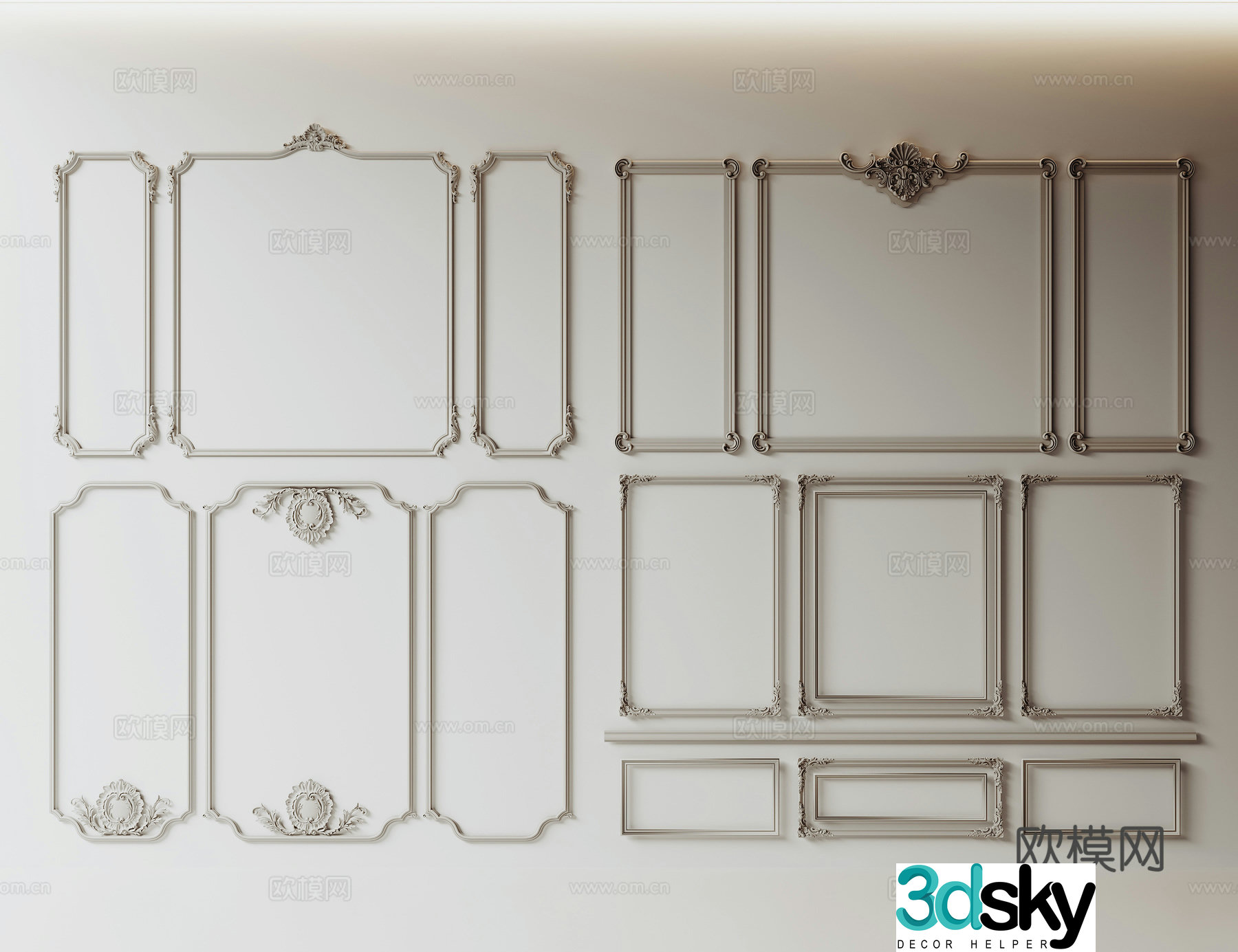 French gypsum line combination gypsum waistline carved gypsum line background wall corner flower 3d model