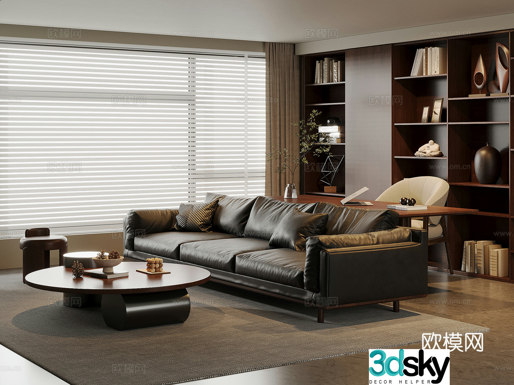 American medieval style living room leather sofa and coffee table combination solid wood desk and chair solid wood bookcase 3D model