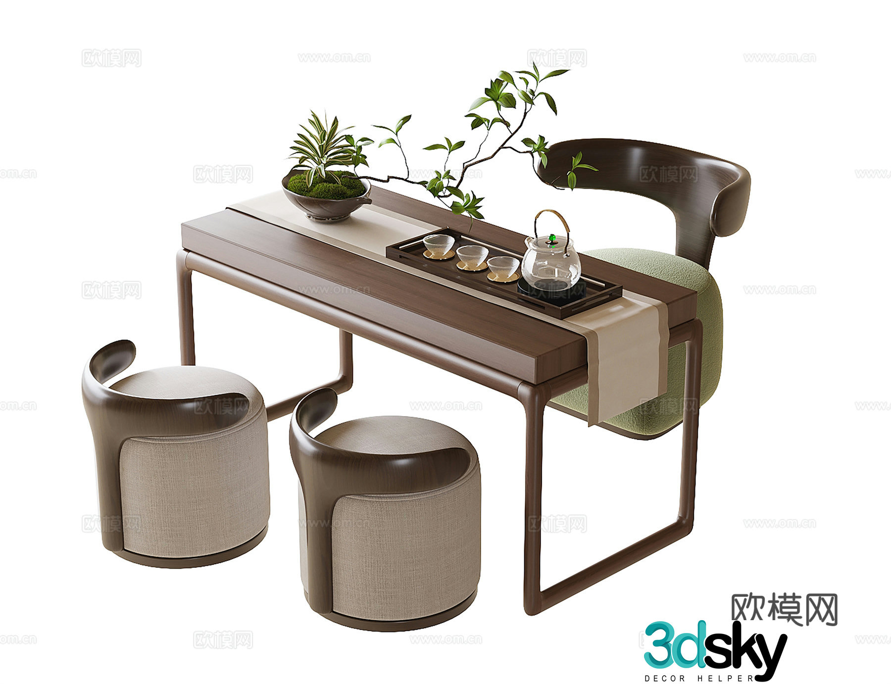 New Chinese style balcony tea table and chair stool tea set 3D model