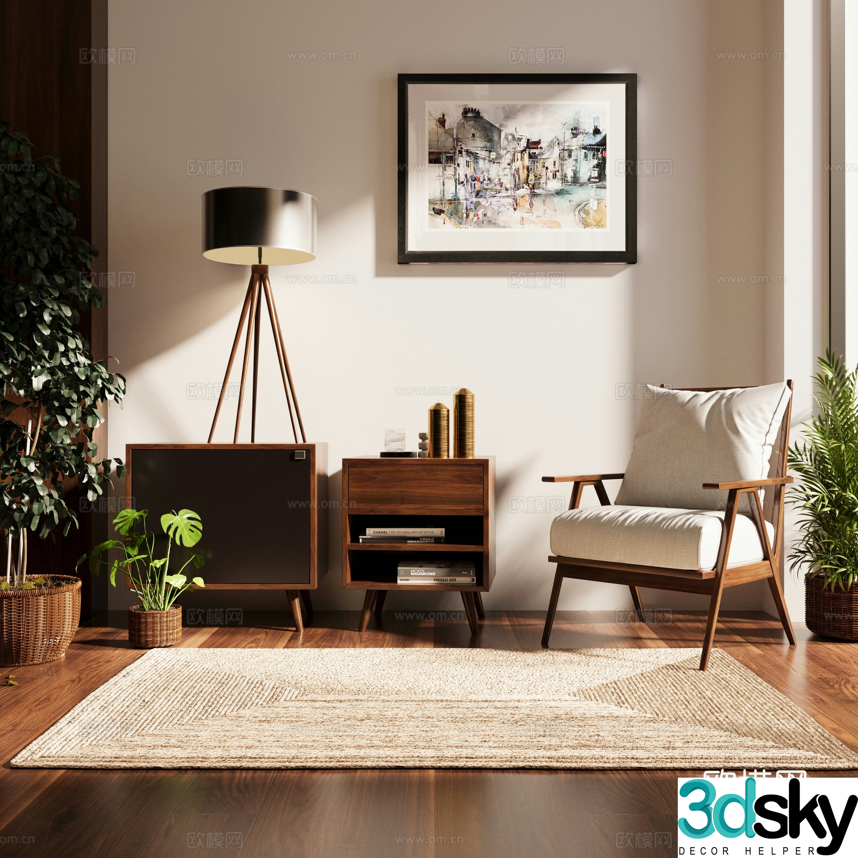 Modern leisure chair side cabinet low cabinet floor lamp carpet green plants bonsai balcony leisure area 3D model