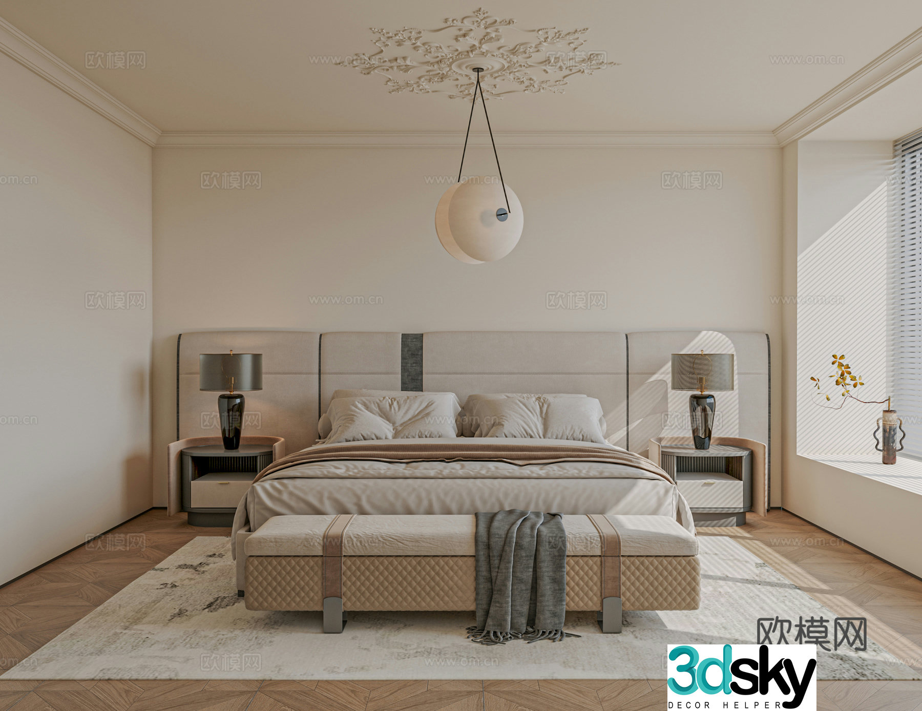 French bedroom bed nightstand accessories curtains carpet 3d model