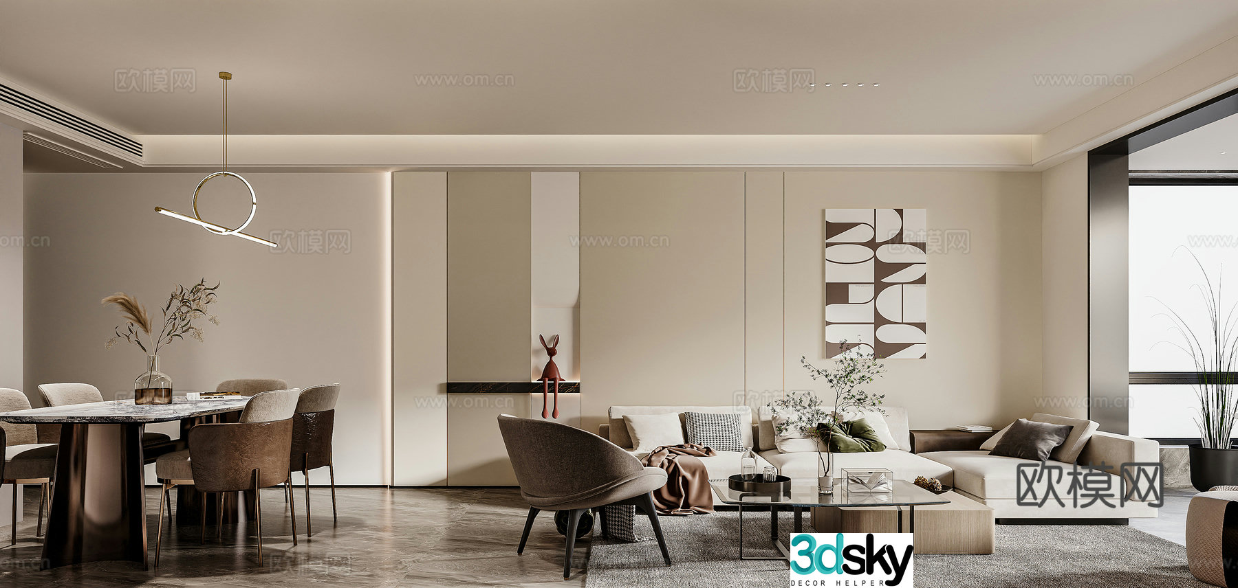 Creamy style dining room minimalist cream style sofa seat combination dining table 3D model