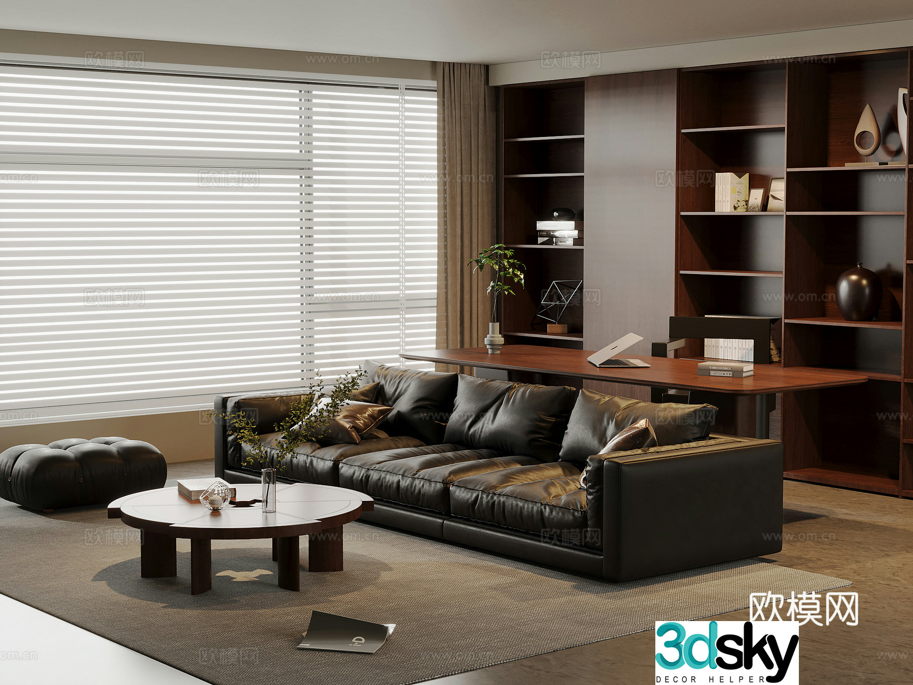American medieval style living room leather sofa and coffee table combination solid wood desk and chair solid wood bookcase 3D model
