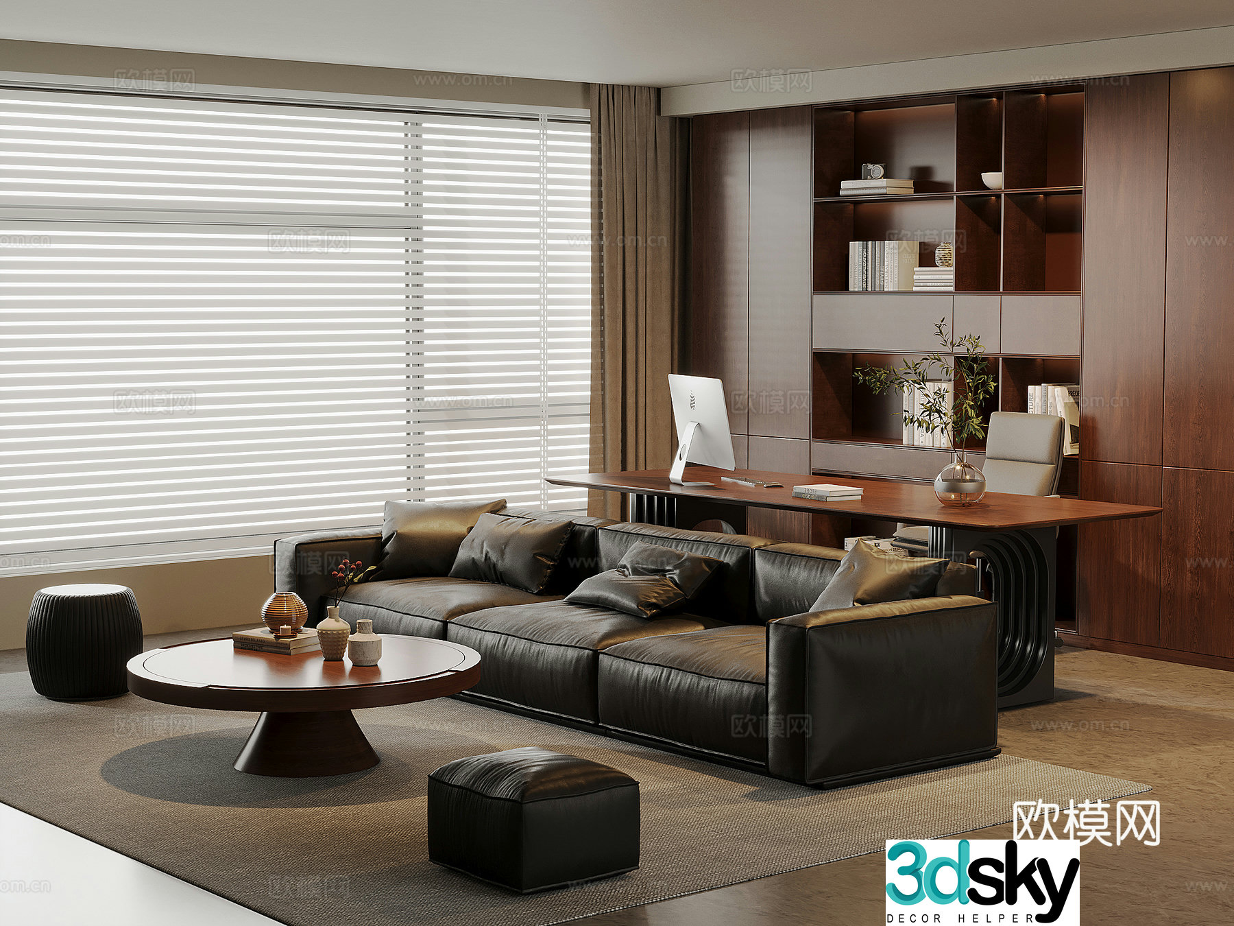 American medieval living room leather sofa and coffee table combination solid wood desk and chair solid wood bookcase 3D model