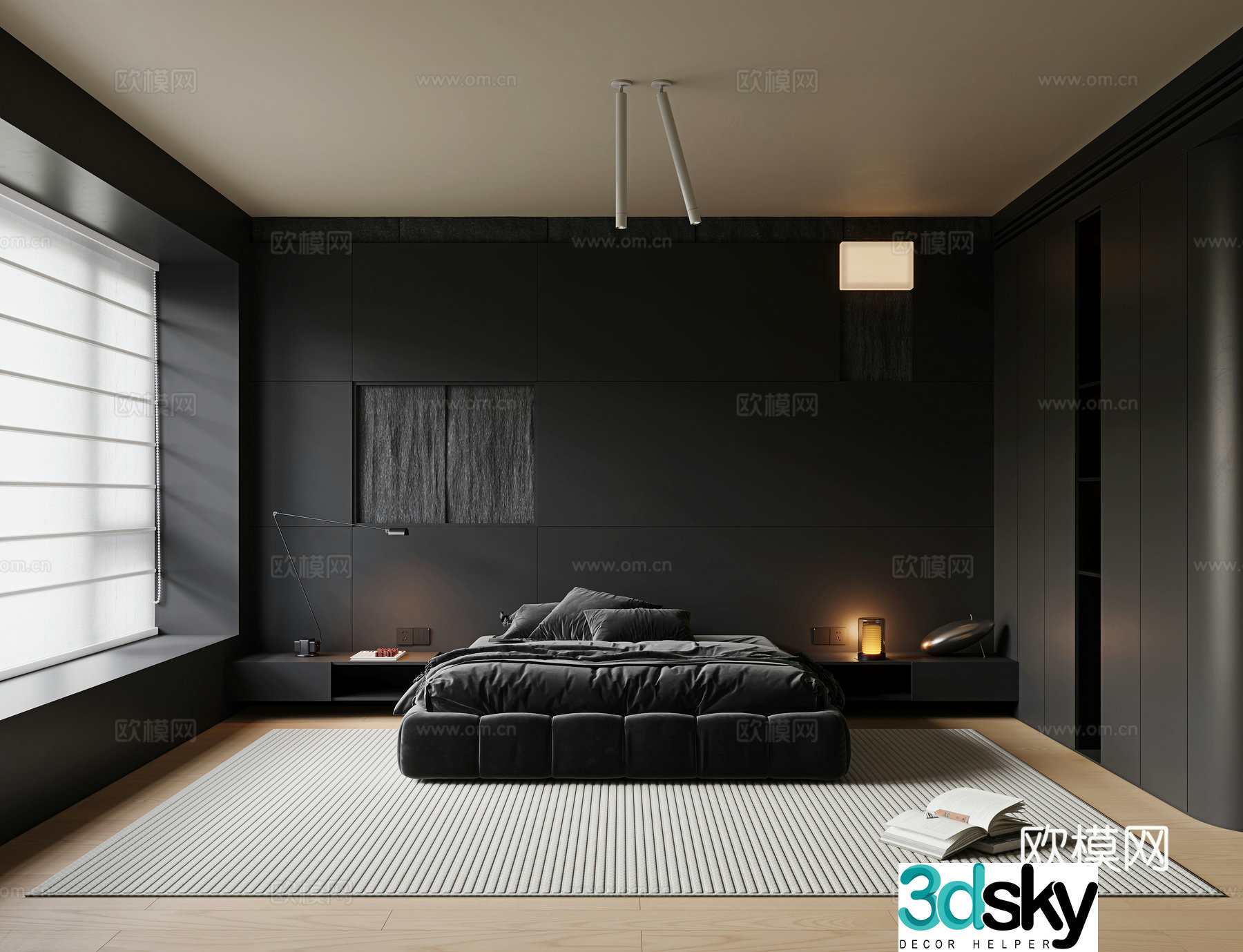 Modern minimalist bedroom Dark bedroom Master bedroom No main light bedroom Fabric double bed 3D model