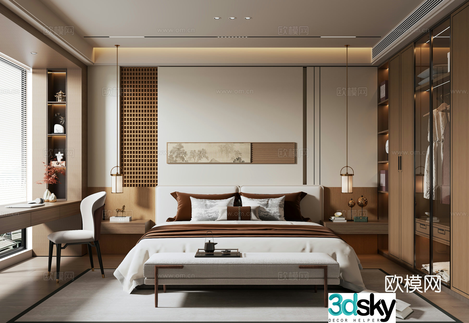 New Chinese style bedroom wardrobe background wall bay window desk wall lamp double bed 3d model