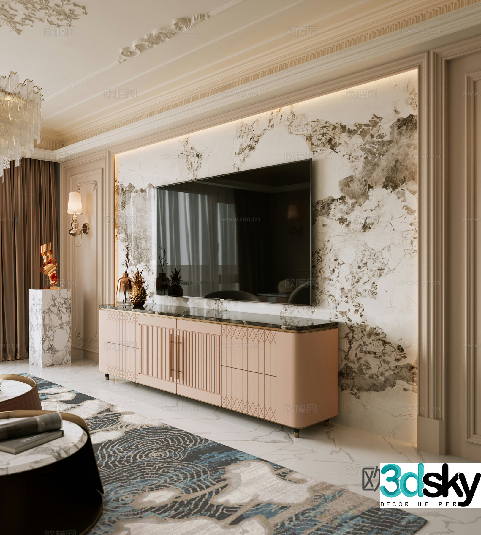 French light luxury living room light luxury crystal chandeliers French TV background wall French sofa background wall 3D model