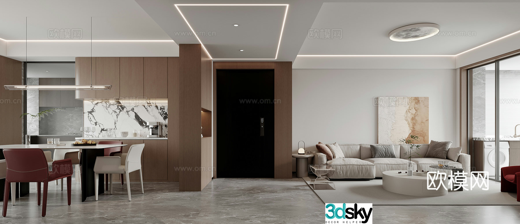 Modern living and dining room 3d model