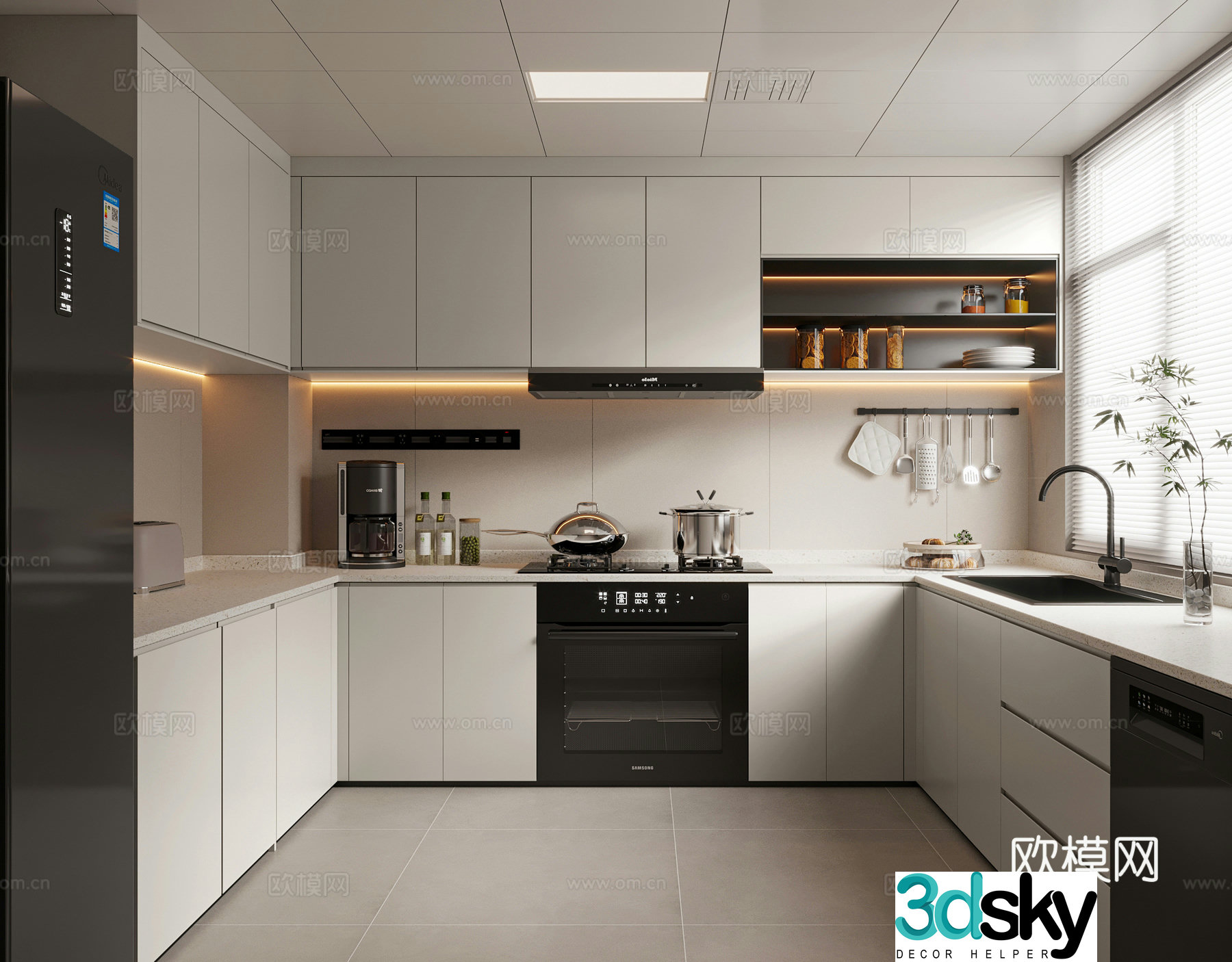 Modern cream kitchen cabinet kitchen utensils stove refrigerator kitchen appliances 3d model