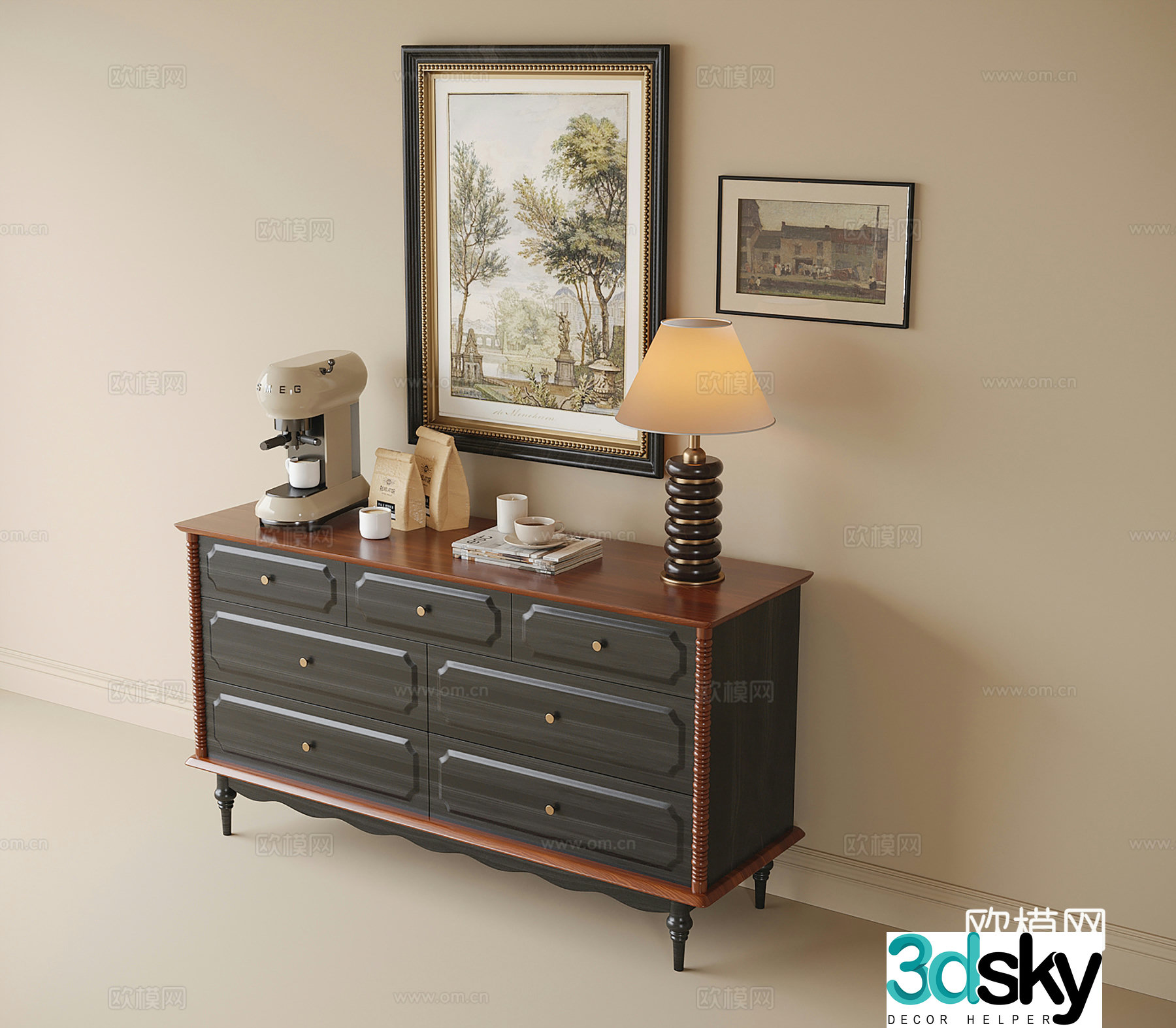 French entrance cabinet end view cabinet side cabinet high foot cabinet side cabinet 3D model