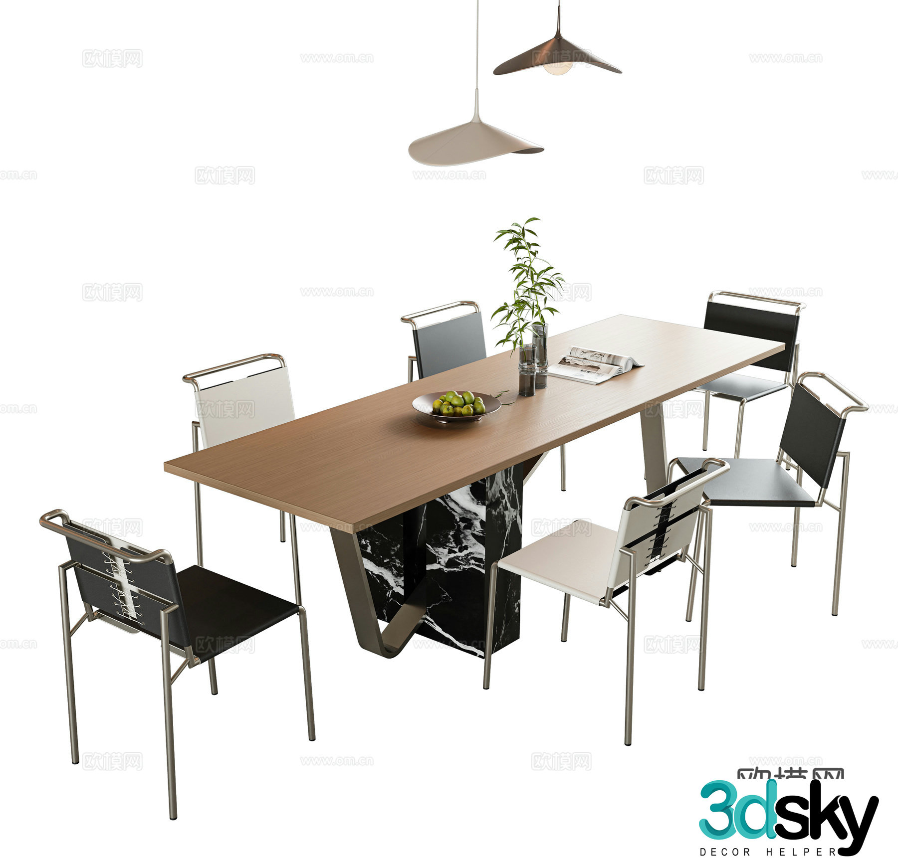 Italian minimalist dining table and chair combination long dining table rock-slab dining table solid wood dining table stainless steel dining chair 3D model