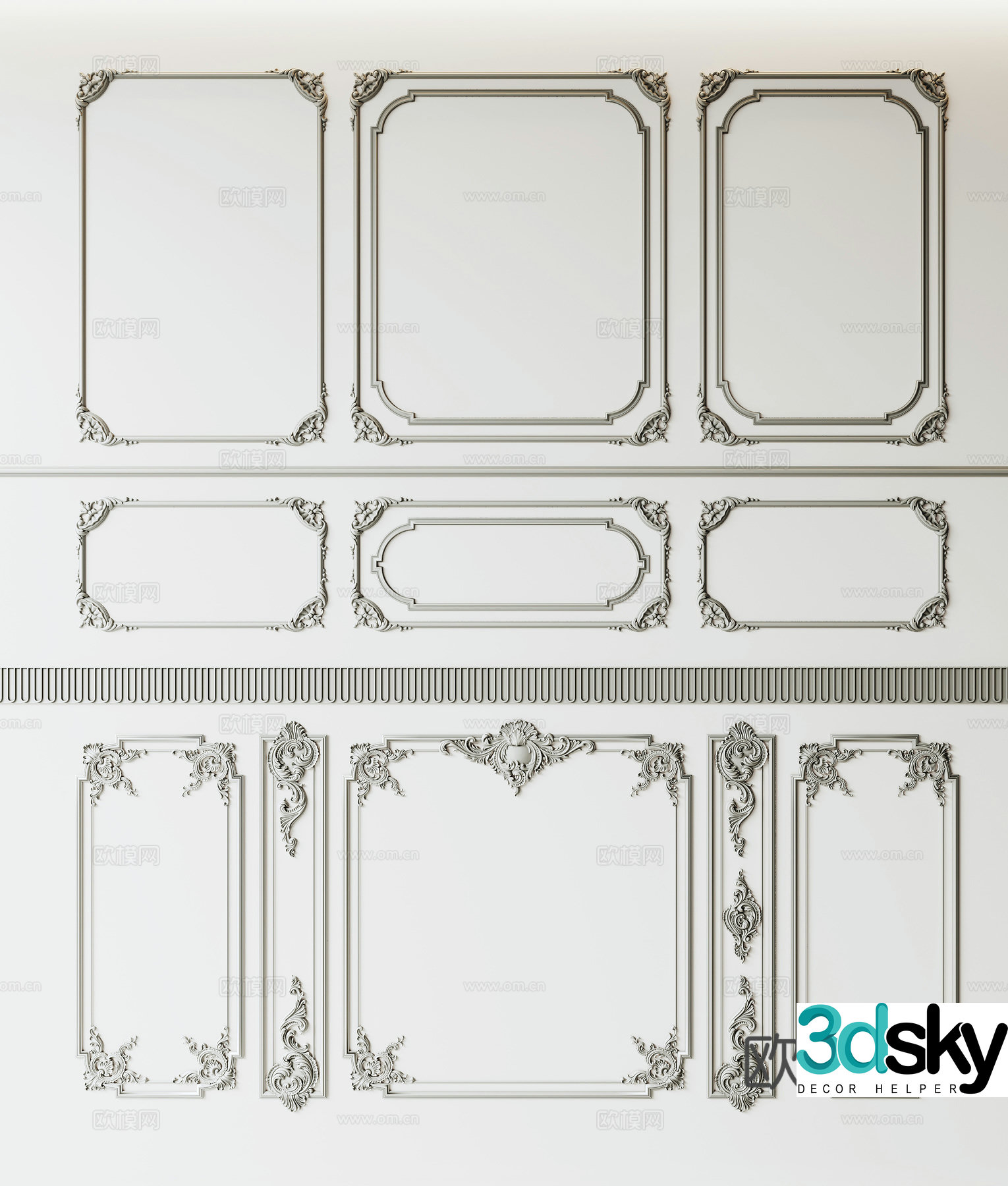 French gypsum line combination gypsum waistline carved gypsum line background wall 3d model