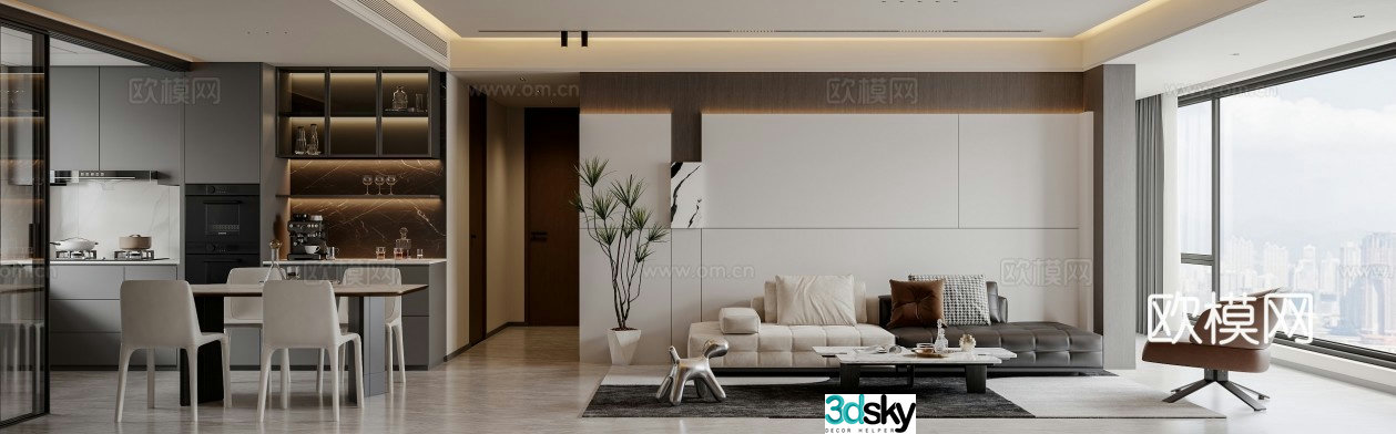 Modern living and dining room 3d model