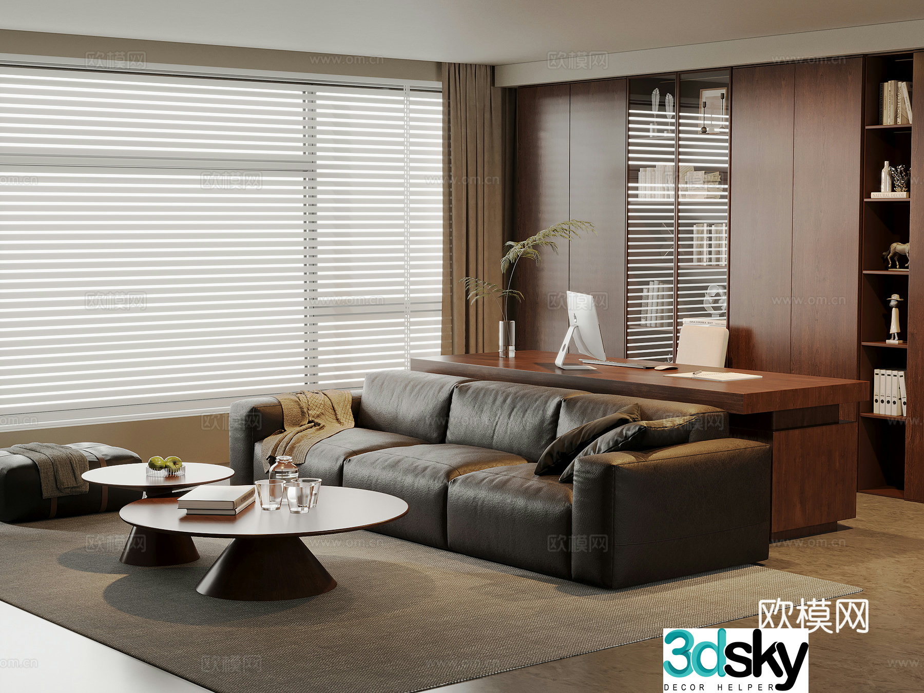 American medieval living room leather sofa and coffee table combination solid wood desk and chair solid wood bookcase 3D model