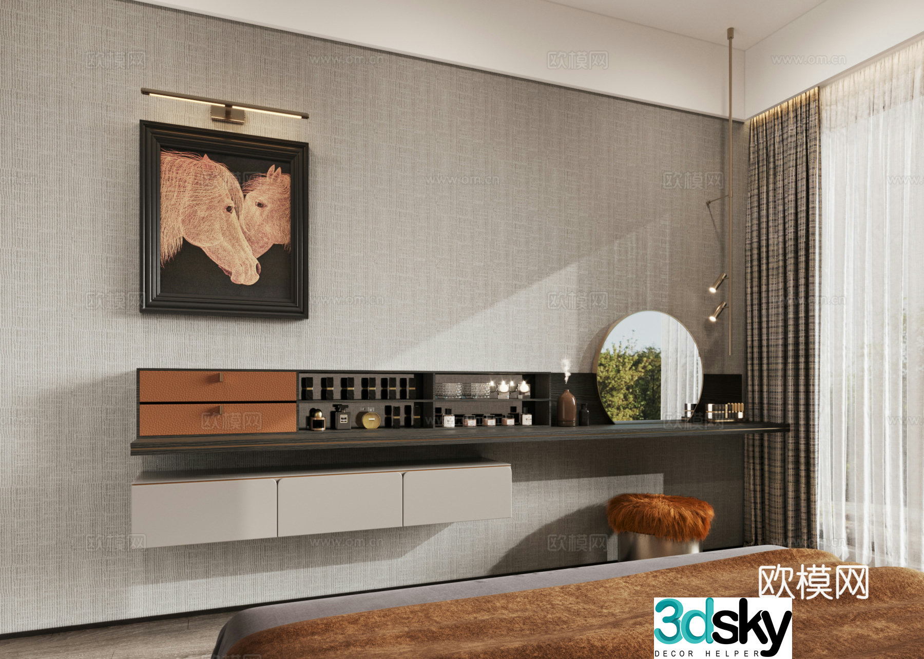 Hanging paintings dressing table makeup stool cosmetics bedside cabinet lamp front light 3D model
