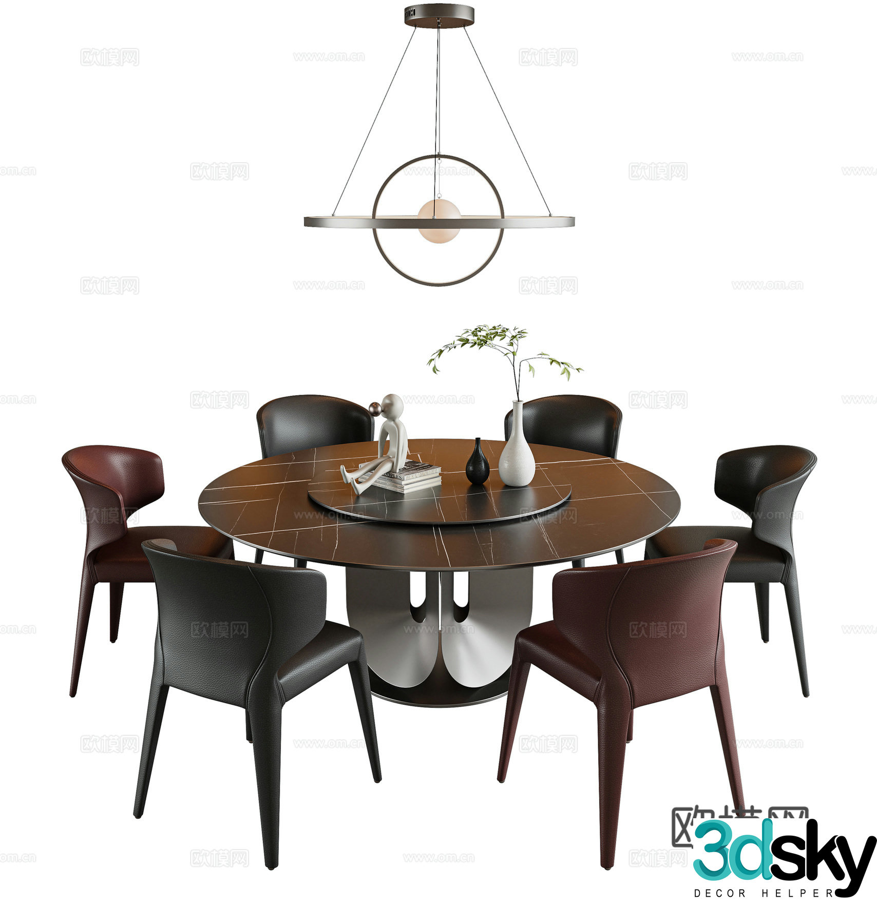 Italian dining table and chair combination round dining table rock table leather dining chair single chair book chair gold 3d model
