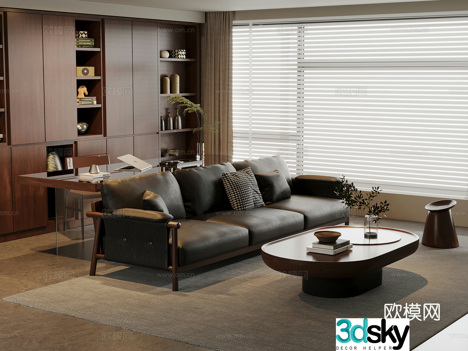 American medieval living room leather sofa and coffee table combination solid wood desk and chair solid wood bookcase 3D model