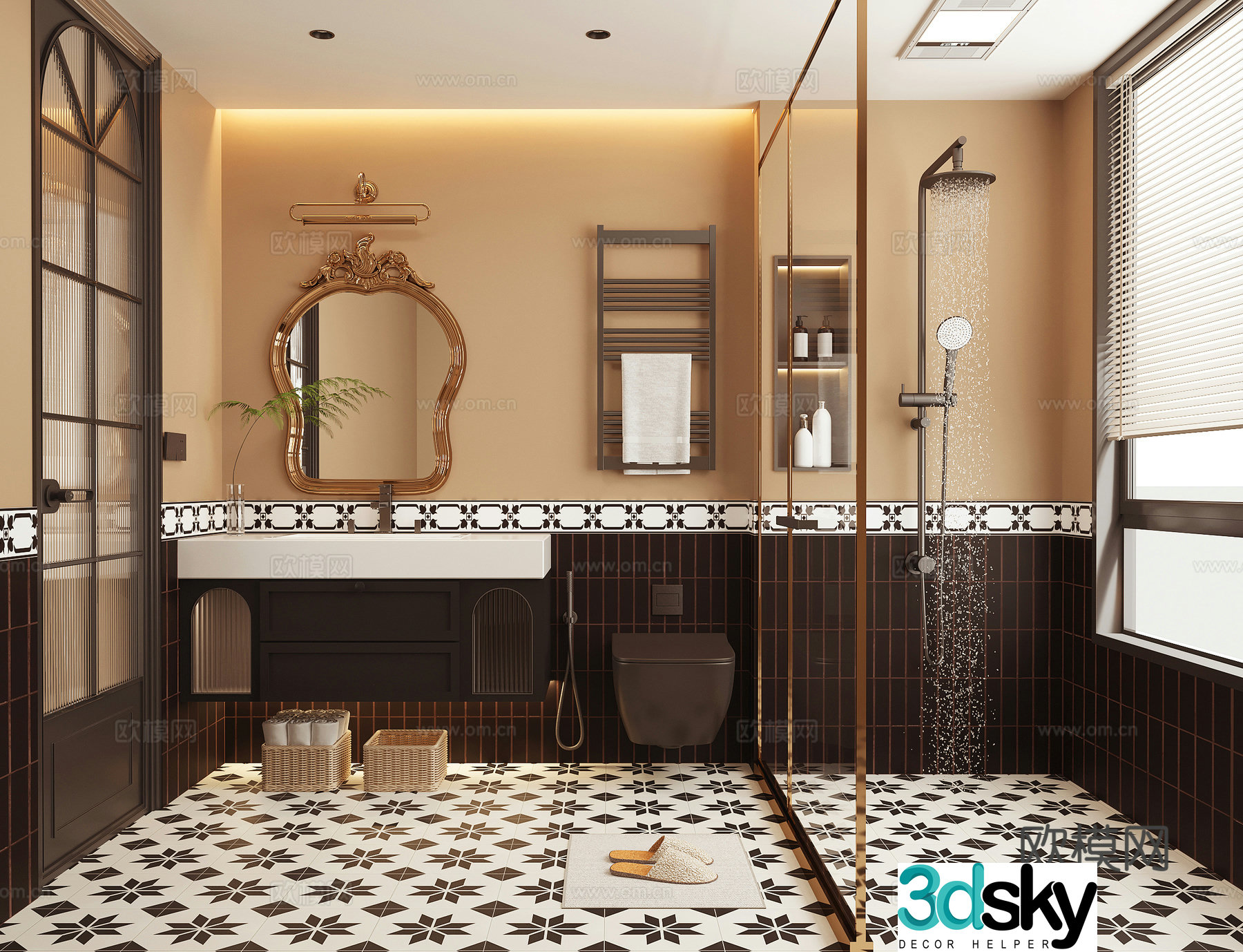 French retro bathroom shower toilet bathroom cabinet 3d model