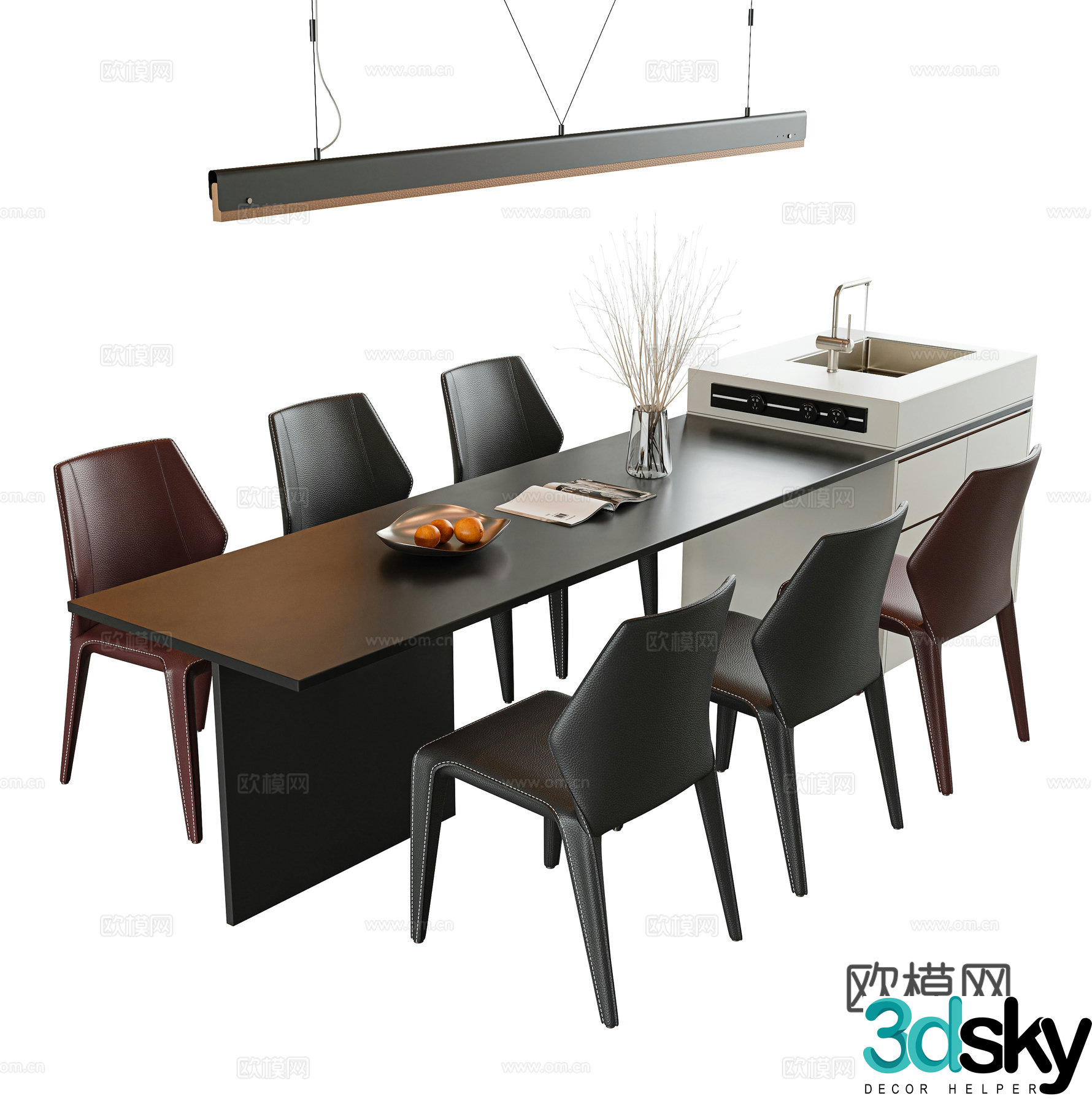 Dining table and chair combination island dining leather dining chair single chair book chair water bar long chandeliers 3D model