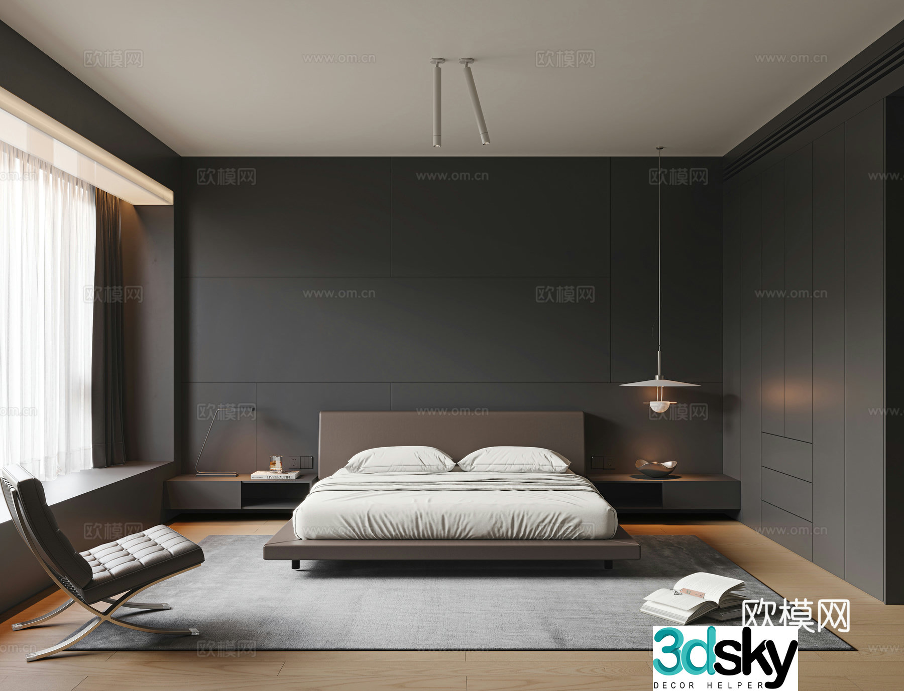 Modern minimalist bedroom Dark bedroom Master bedroom No main light bedroom Leather art double bed Suspension 3D model