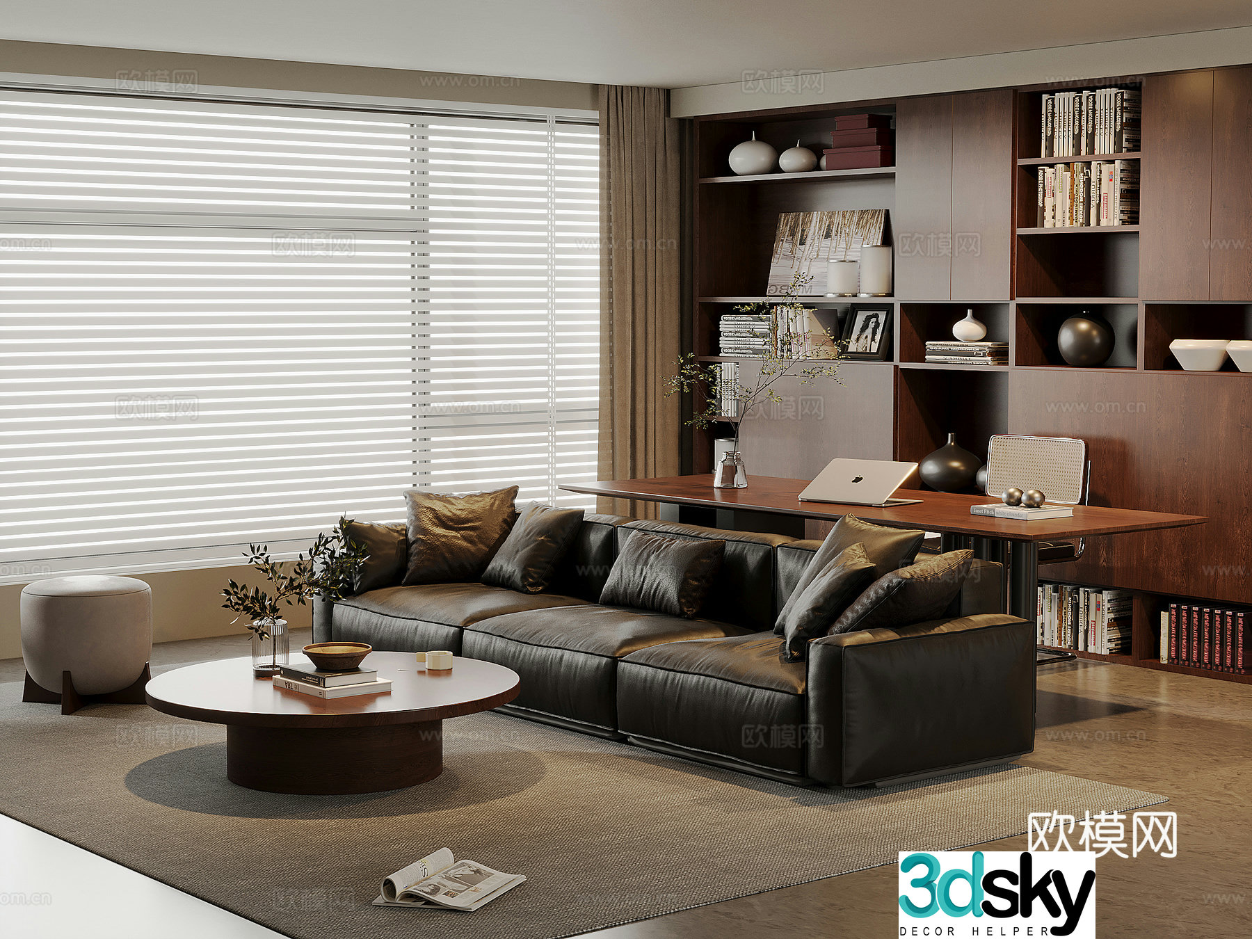 American medieval living room leather sofa and coffee table combination solid wood desk and chair solid wood bookcase 3D model