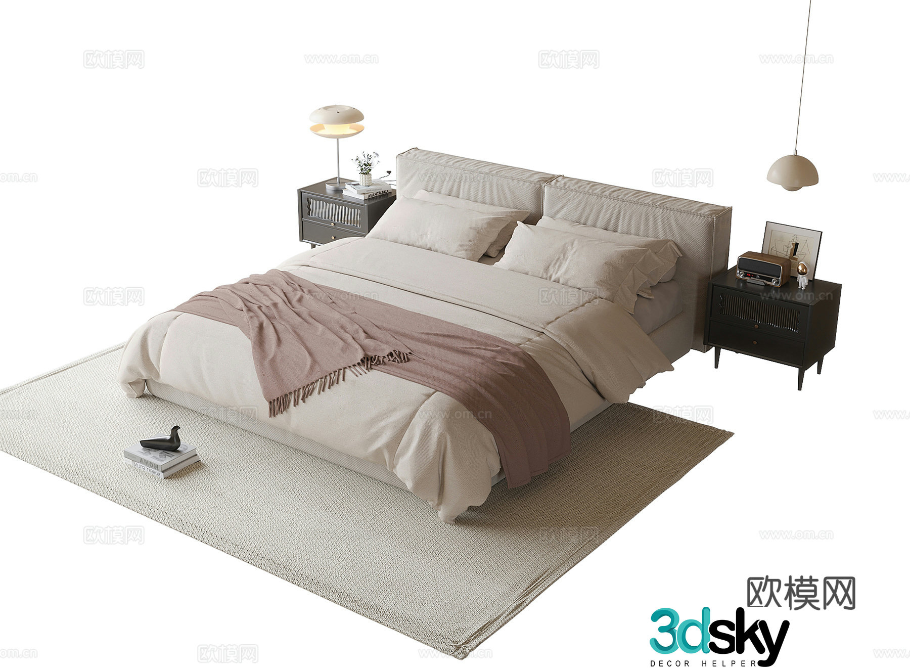 Modern double bed nightstand 3d model