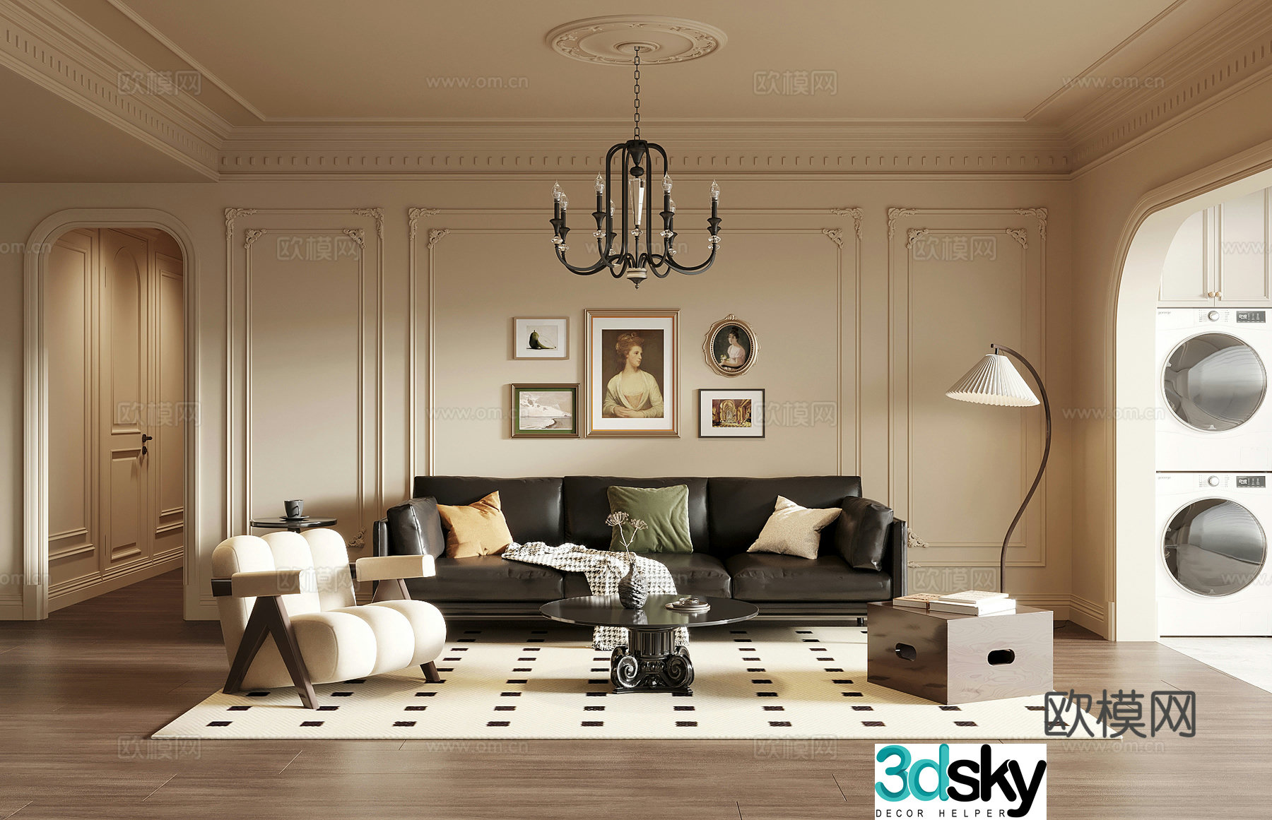 French medieval style living room sofa background wall sofa coffee table combination 3D model