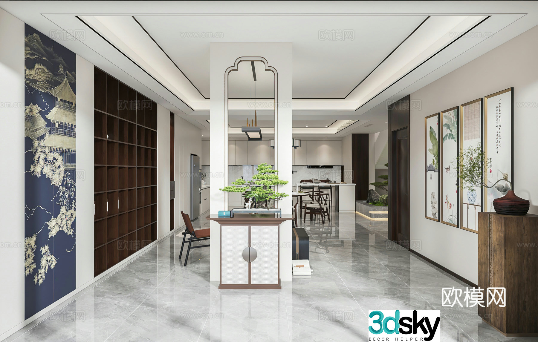 New Chinese style living room tea room tea cabinet staircase 3d model