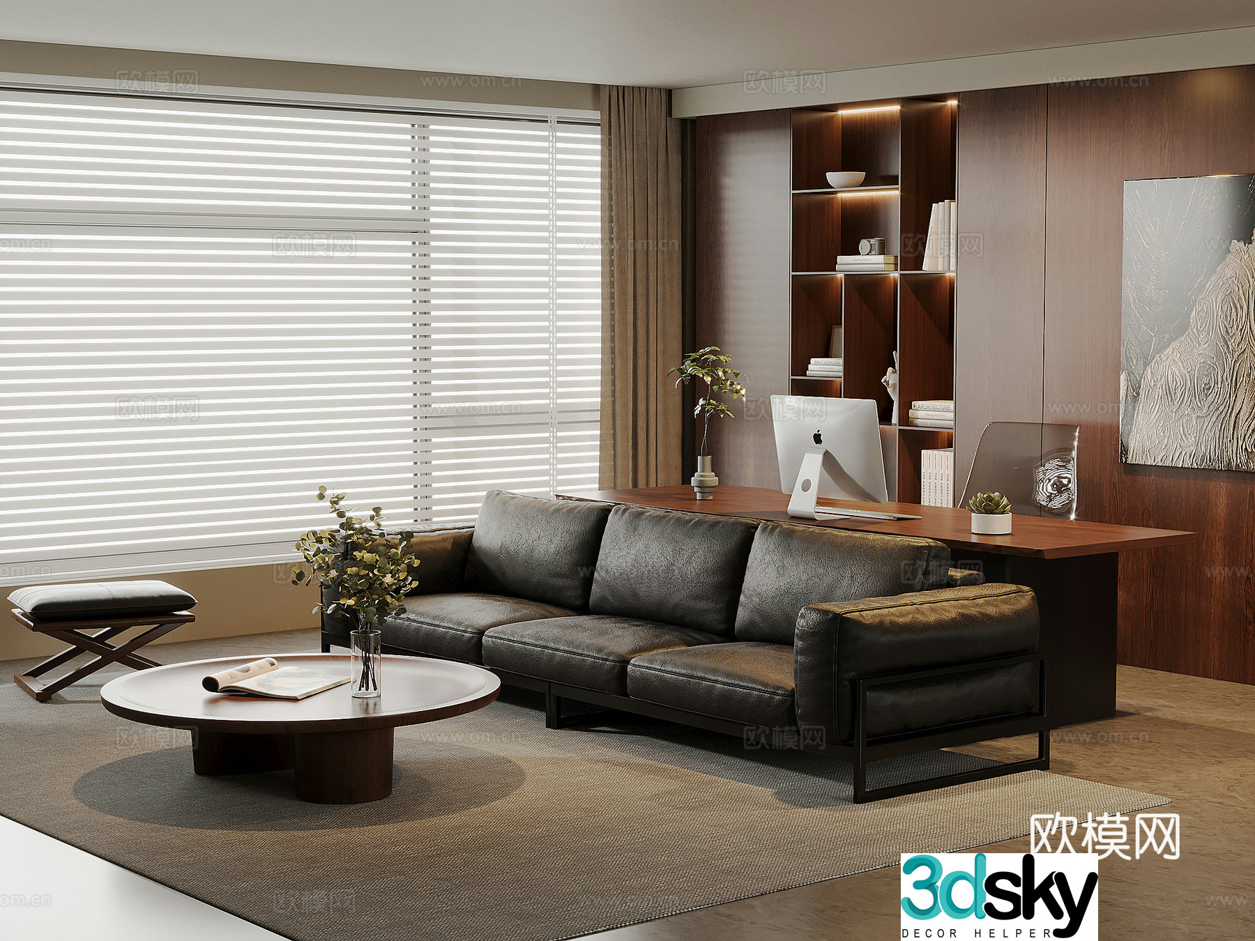 American medieval living room leather sofa and coffee table combination solid wood desk and chair solid wood bookcase 3D model
