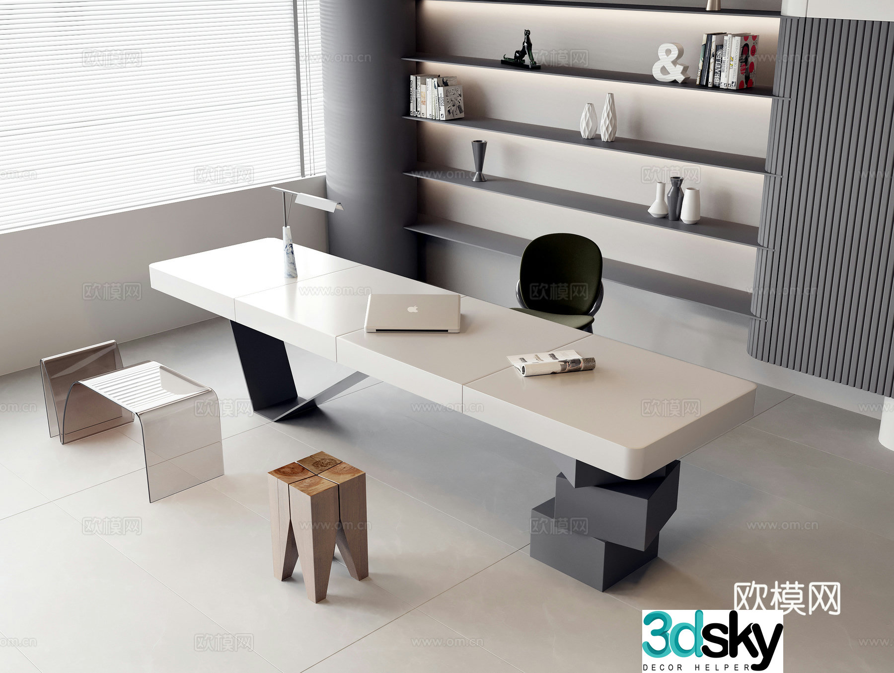 Desk and chair combination casual long desk fabric leisure chair acrylic special-shaped chair solid wood square stool 3D model