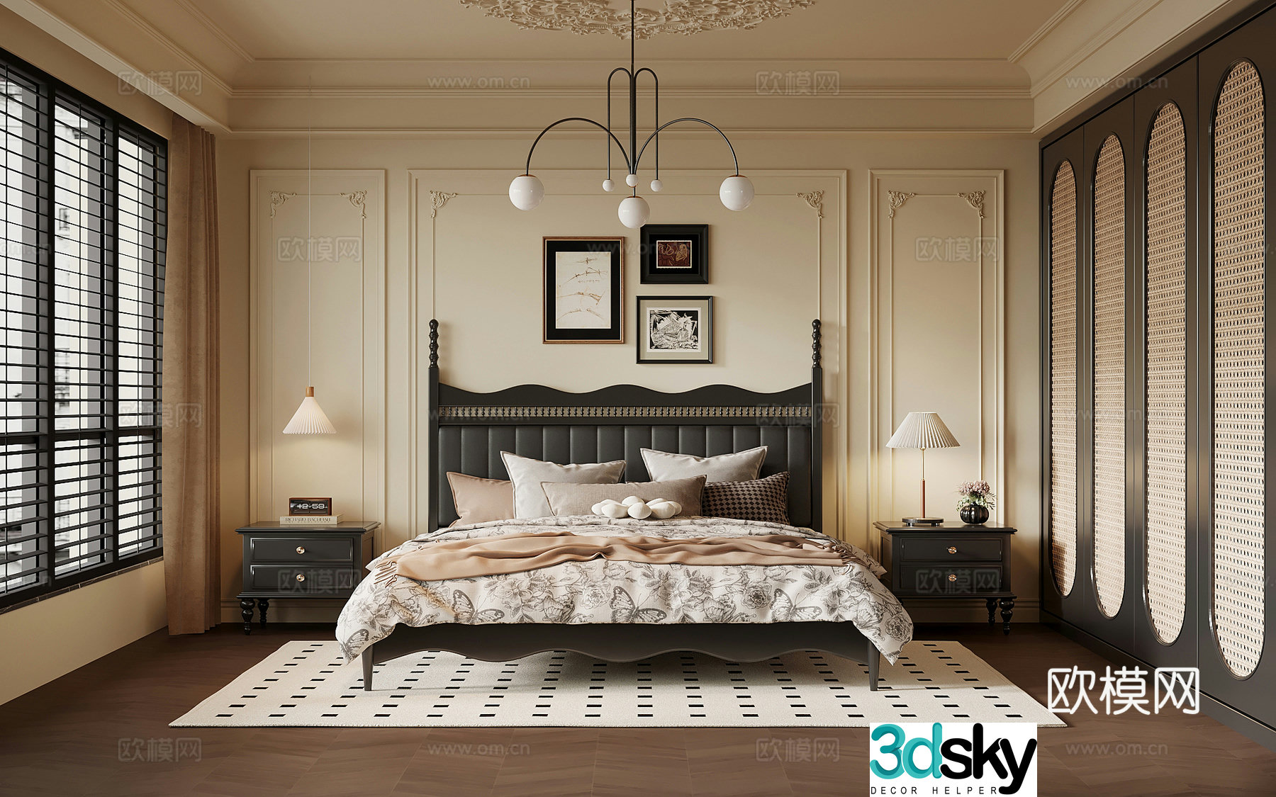 French retro style bedroom wardrobe bedding combination double bed 3d model