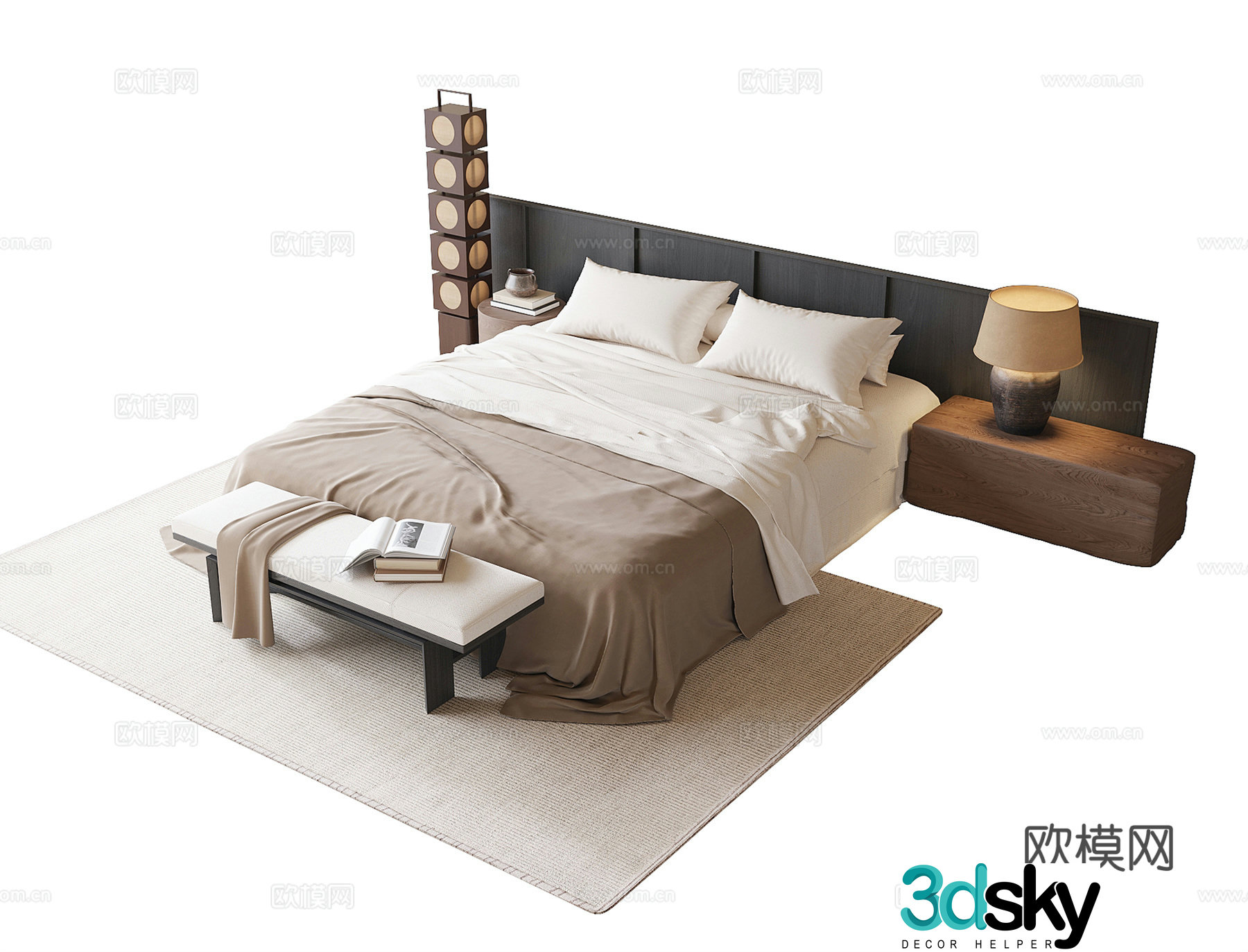 Modern double bed bed tail stool bedside table desk lamp 3d model