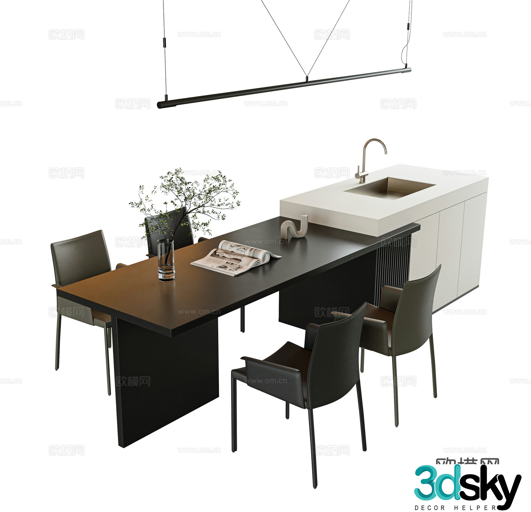 Island dining table and chair combination Island dining table leather dining chair single chair book chair metal chandeliers long 3D model