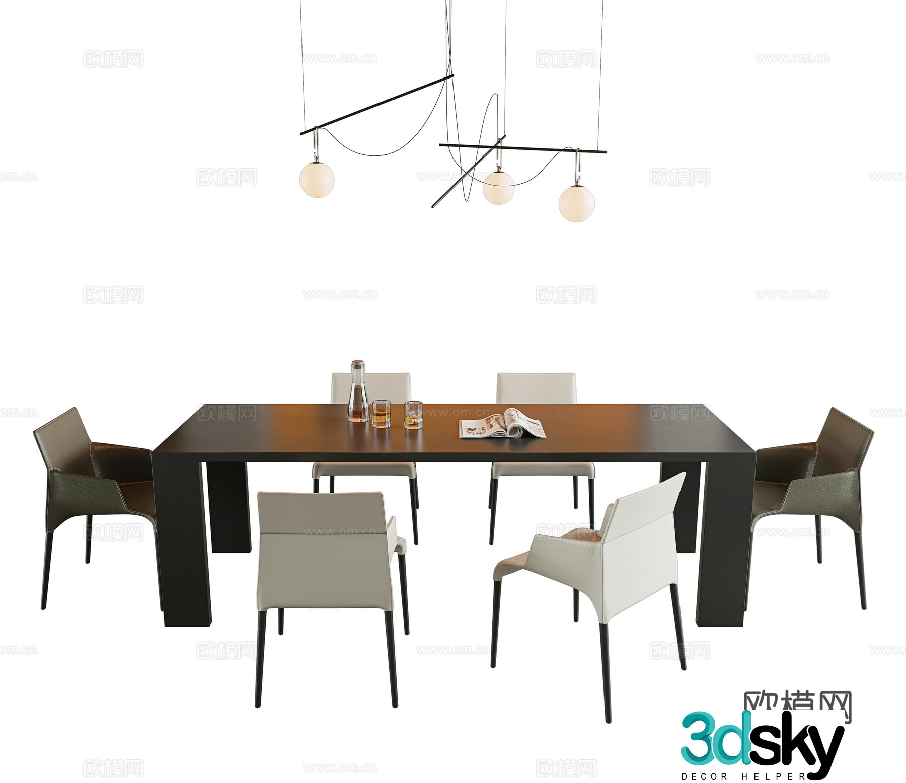 Modern minimalist dining table and chair combination rectangular dining table solid wood dining table leather dining chair single chair book chair 3d model